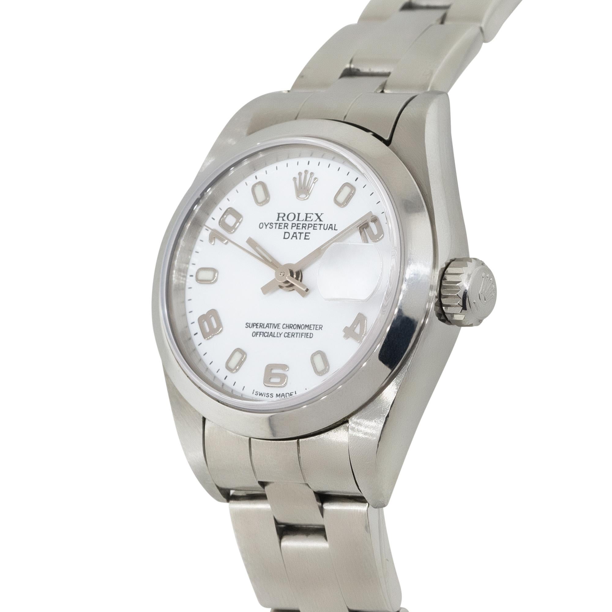 Women's Rolex 79160 Oyster Perpetual Date Stainless Steel White Semi-Arabic Dial Watch For Sale