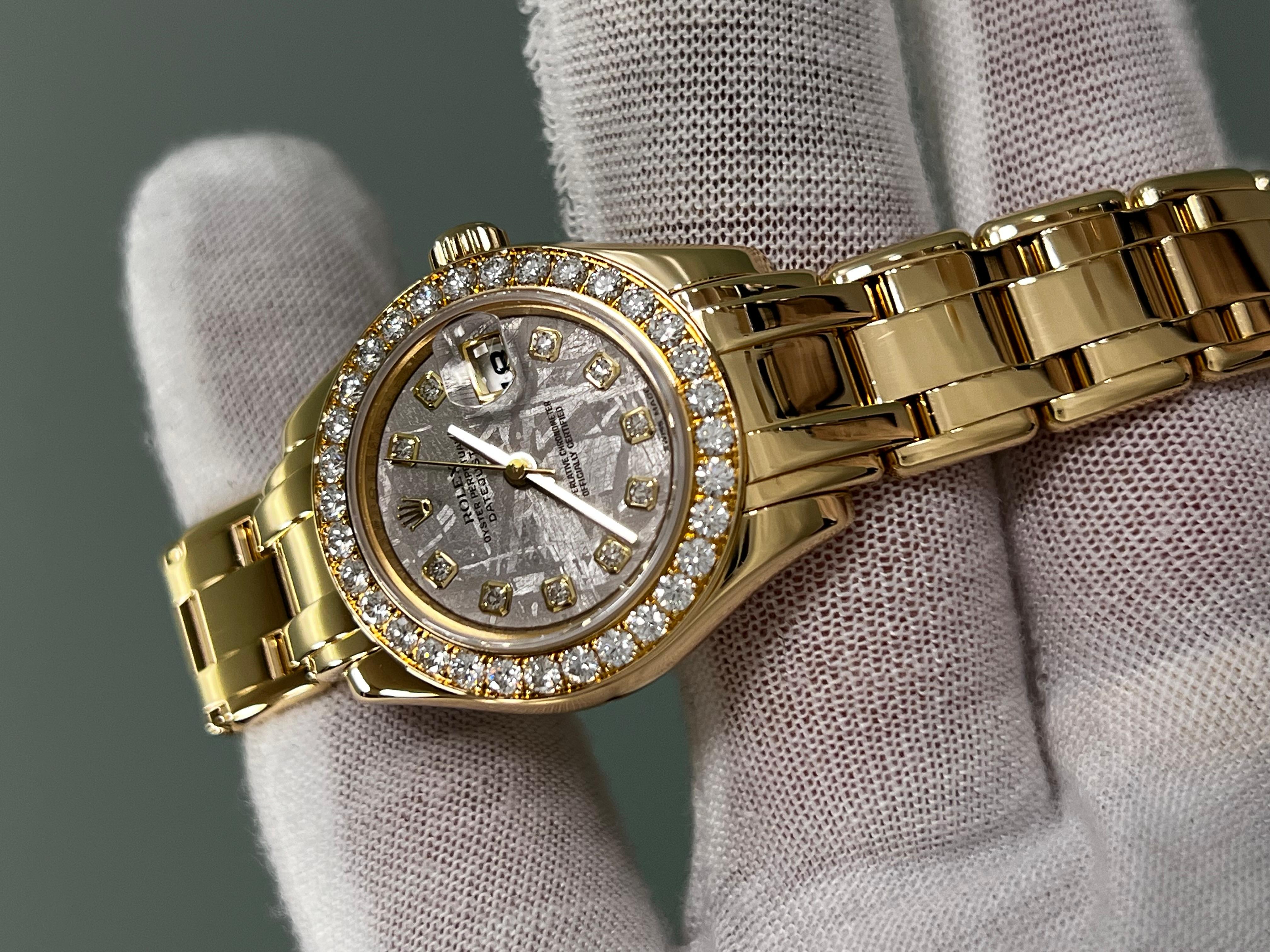 Rolex 80298 Damen Perlenmaster Meteorit Zifferblatt Diamant 18K Gelbgold Box Papier im Zustand „Hervorragend“ in San Diego, CA