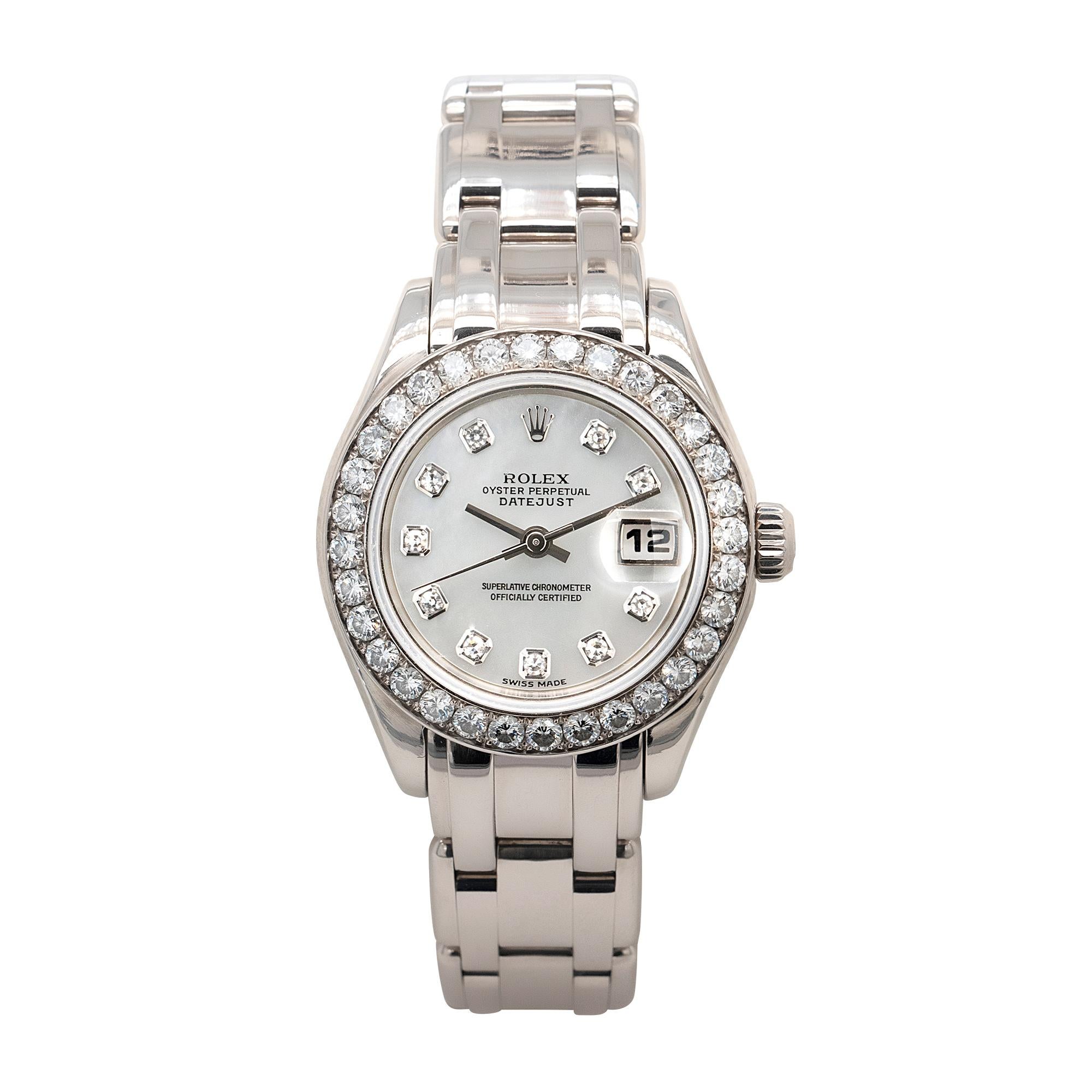 Brand: Rolex
Model Name: Rolex Pearlmaster Masterpiece White Gold Diamond Ladies Watch
Model Number: 80299
Case Material: 18k White Gold
Case Diameter: Oyster Case 29.0mm
Crystal: Scratch Resistant Sapphire Crystal with Cyclops Magnifier.
Bezel: