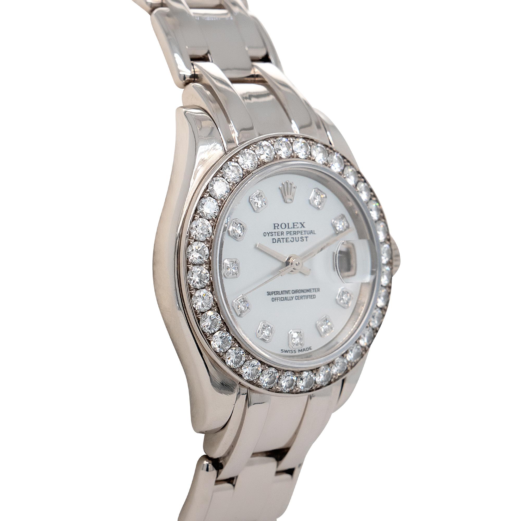 Round Cut Rolex 80299 18k White Gold Datejust Mother of Pearl Dial and Diamond Bezel Ladie For Sale