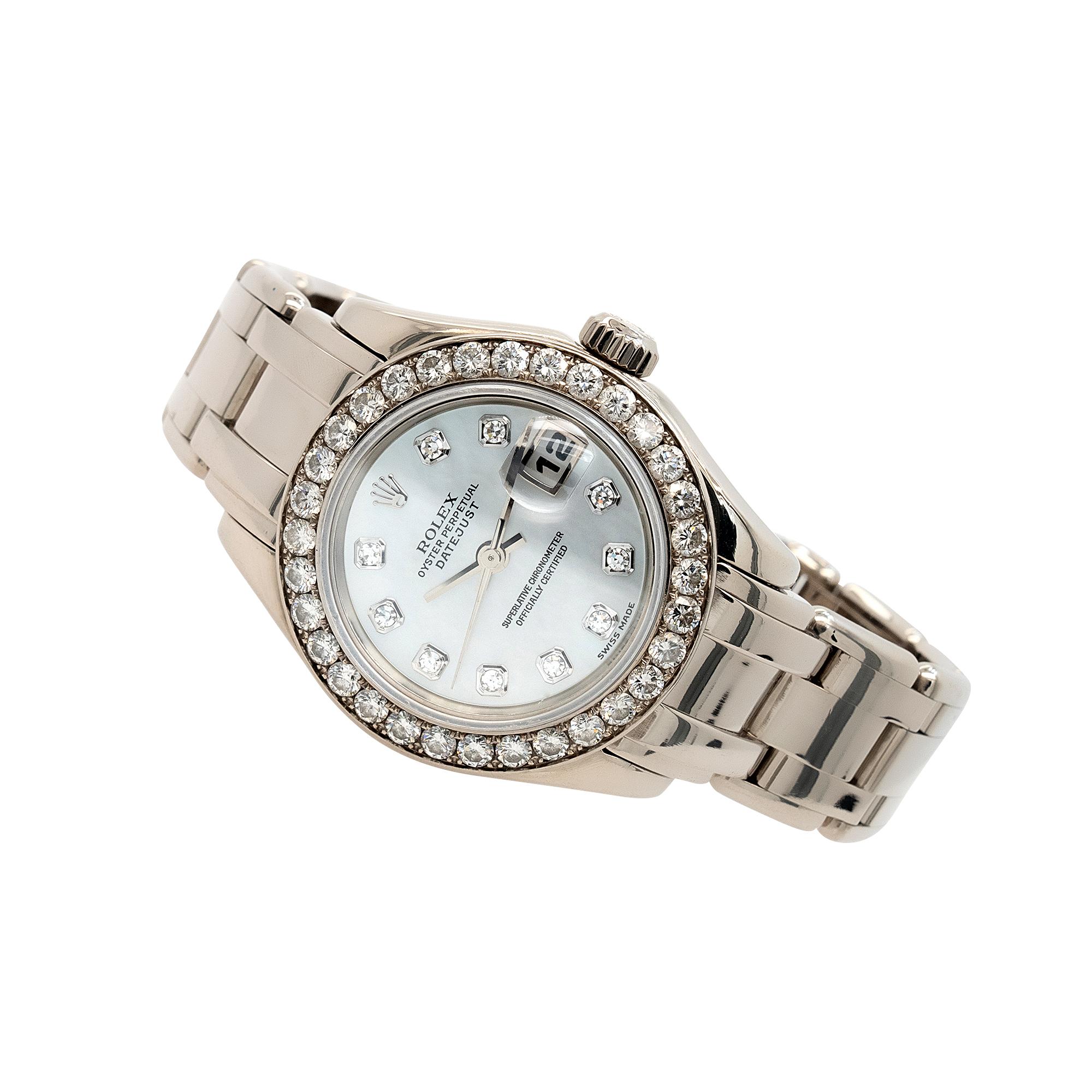Women's Rolex 80299 18k White Gold Datejust Mother of Pearl Dial and Diamond Bezel Ladie For Sale