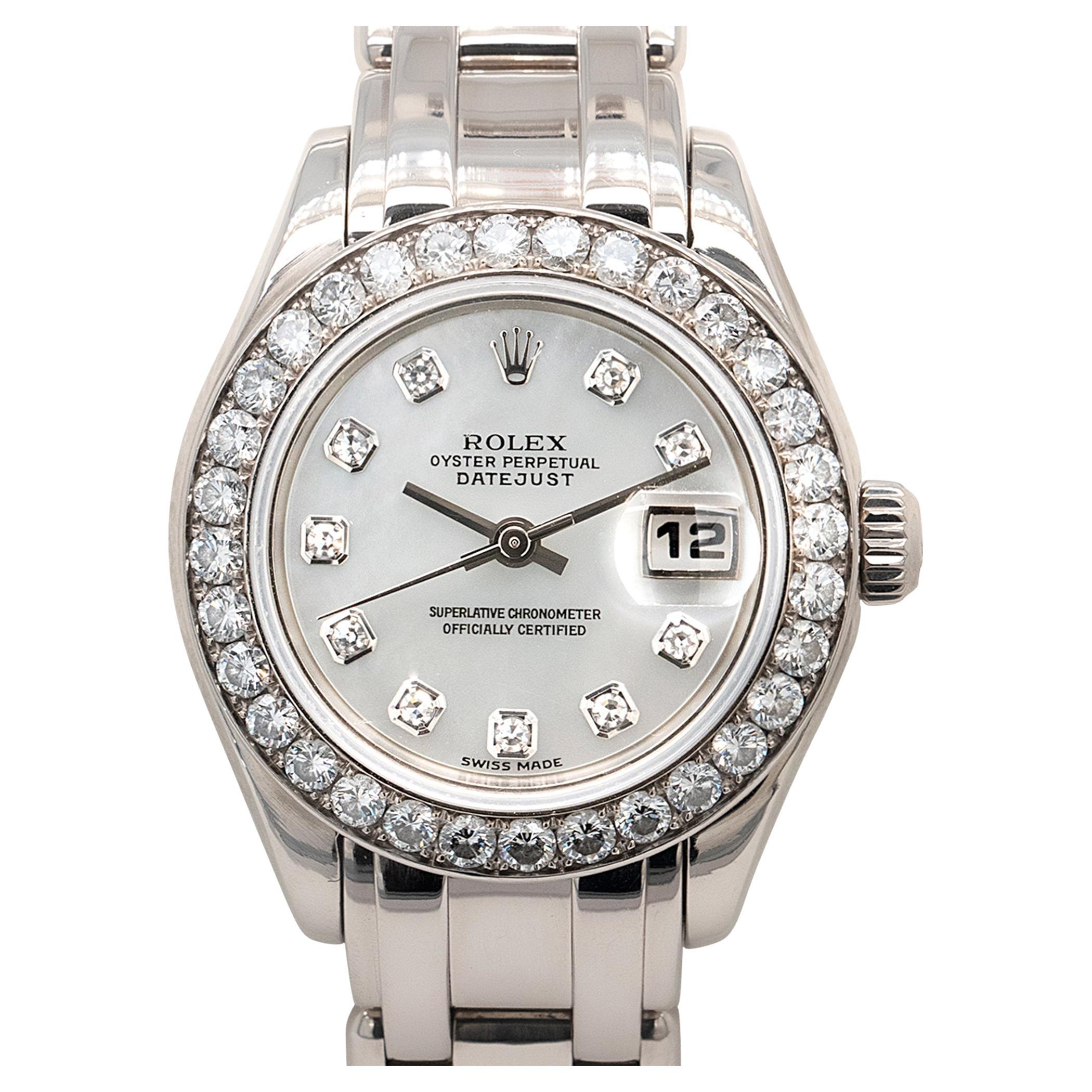 Rolex 80299 18k White Gold Datejust Mother of Pearl Dial and Diamond Bezel Ladie For Sale