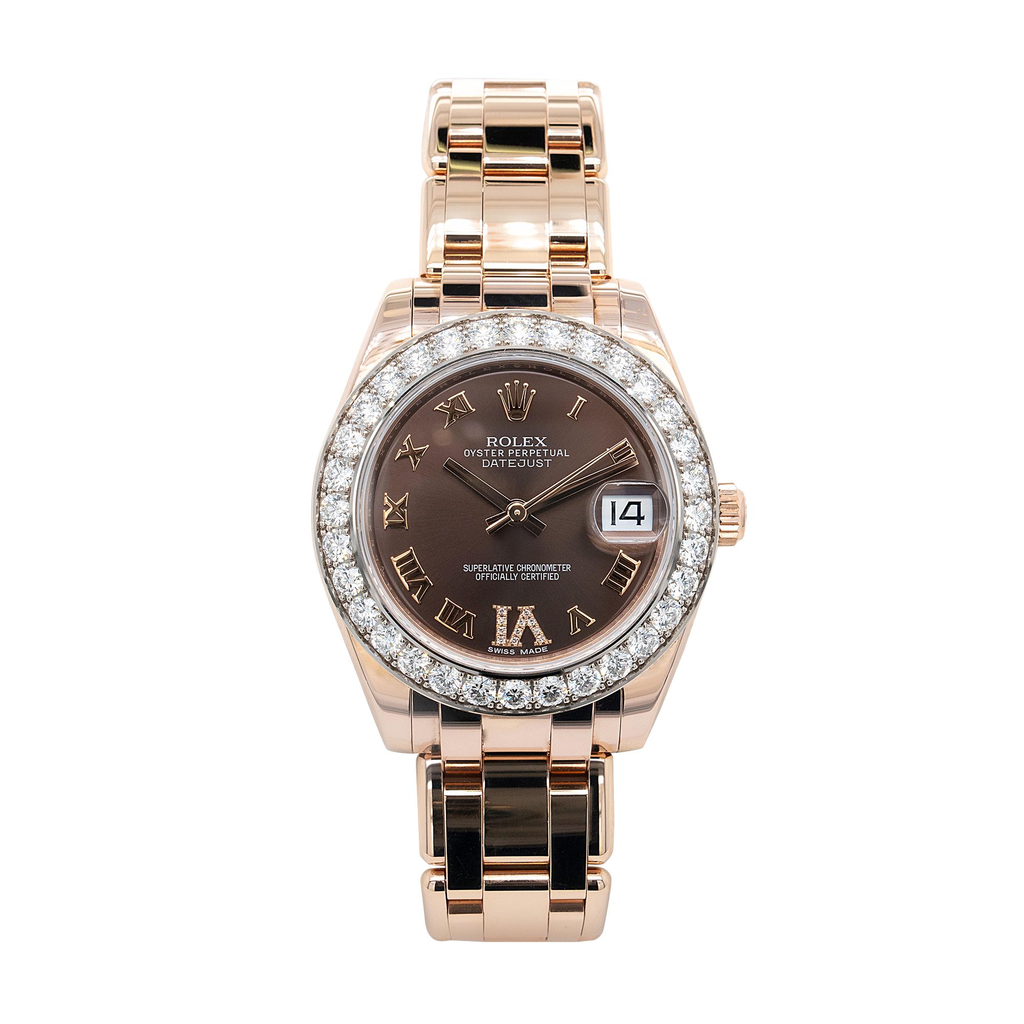 Brand: Rolex
Model Name: Rolex Pearlmaster Rose Gold Diamond Ladies Watch
Model Number: 81285
Case Material: 18k Rose Gold
Case Diameter: Oyster Case 34.0mm
Crystal: Scratch Resistant Sapphire Crystal with Cyclops Magnifier
Bezel: Factory