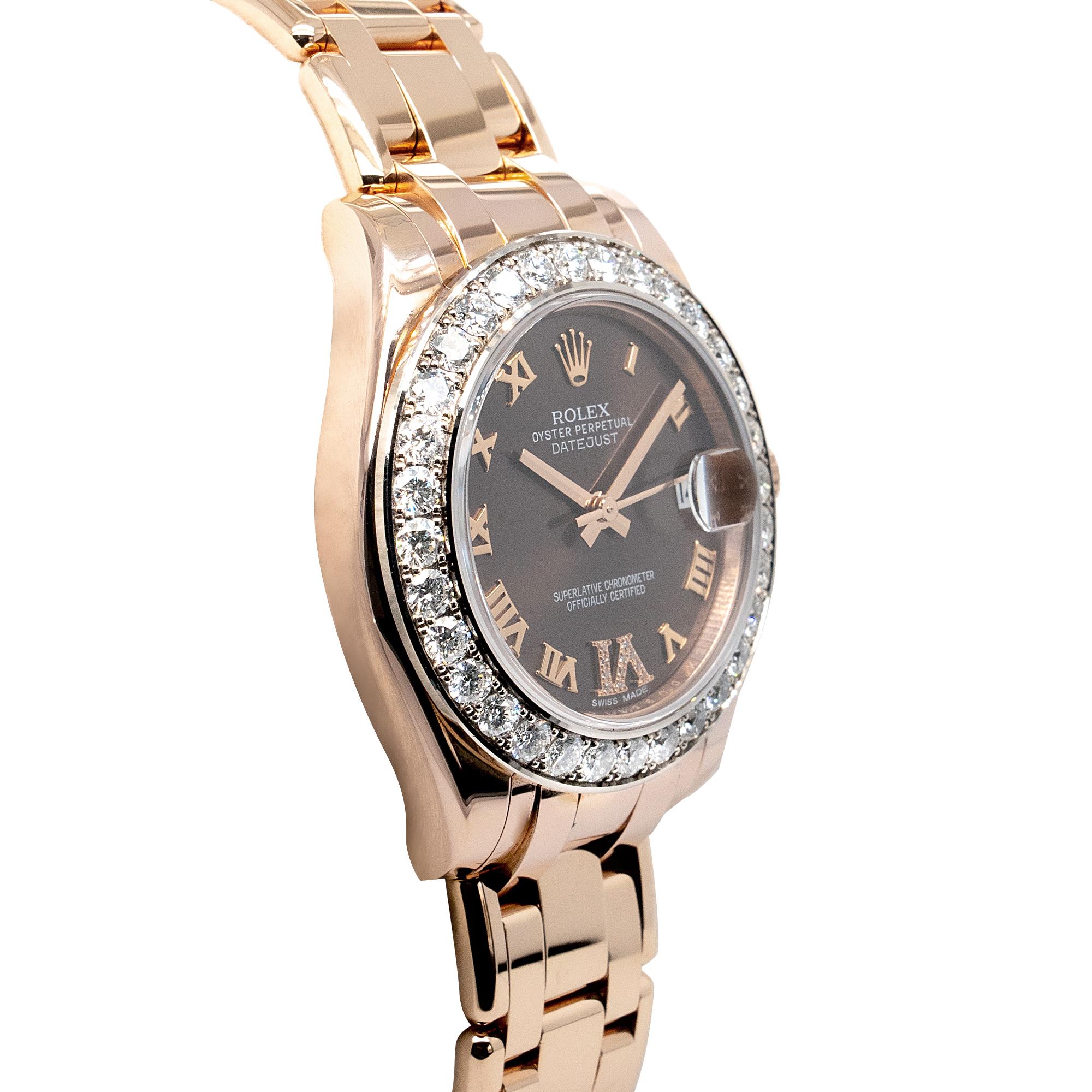 Taille ronde Rolex 81285 18k Pearlmaster Montre pour femme en or rose et diamant chocolat en vente