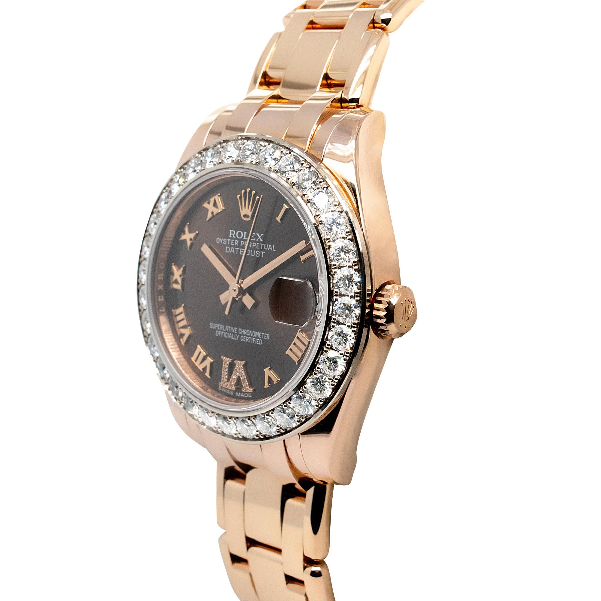 Rolex 81285 18k Pearlmaster Montre pour femme en or rose et diamant chocolat Excellent état - En vente à Boca Raton, FL