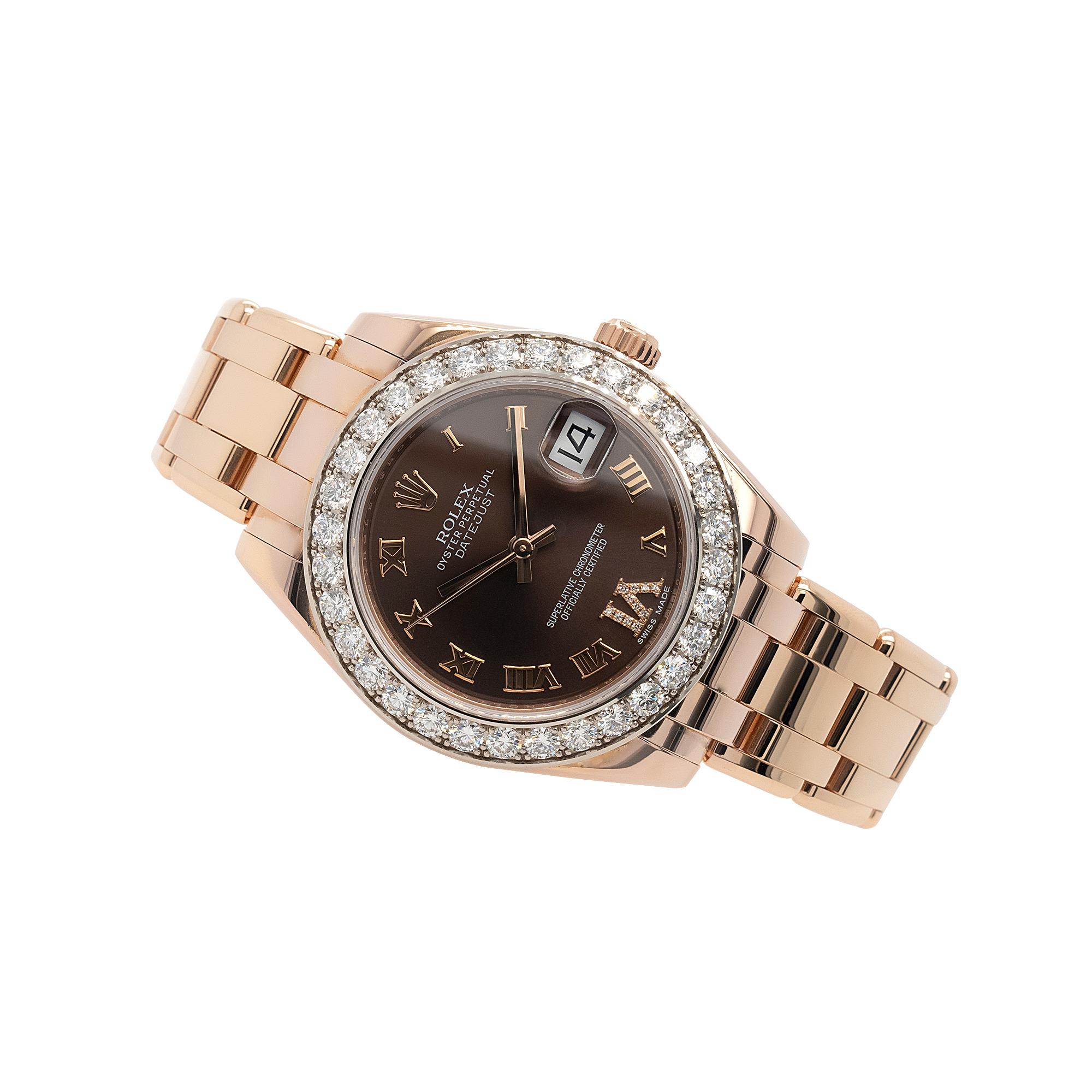Women's Rolex 81285 18k Pearlmaster Rose Gold and Chocolate Diamond Ladies Watch For Sale