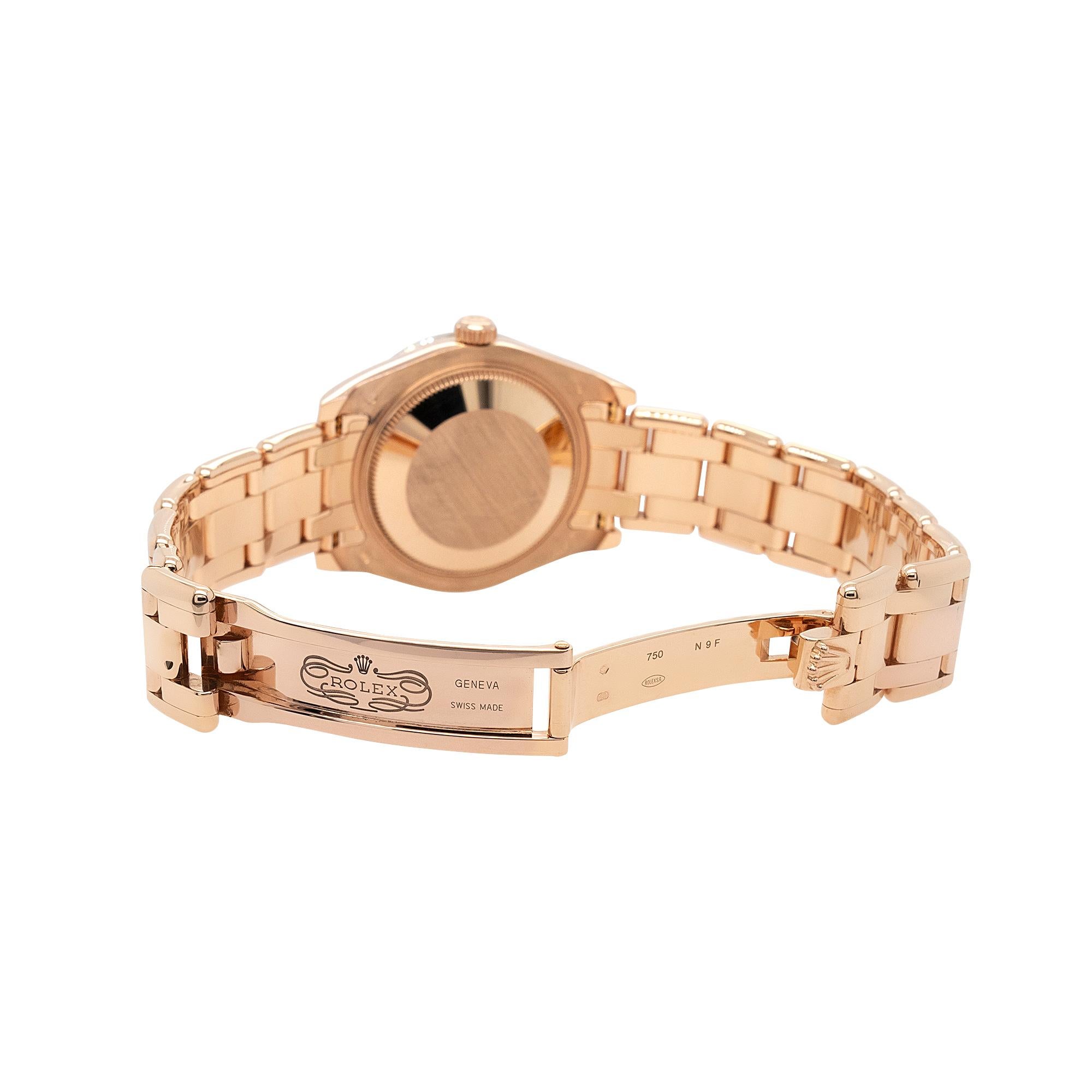 Rolex 81285 18k Pearlmaster Montre pour femme en or rose et diamant chocolat en vente 3