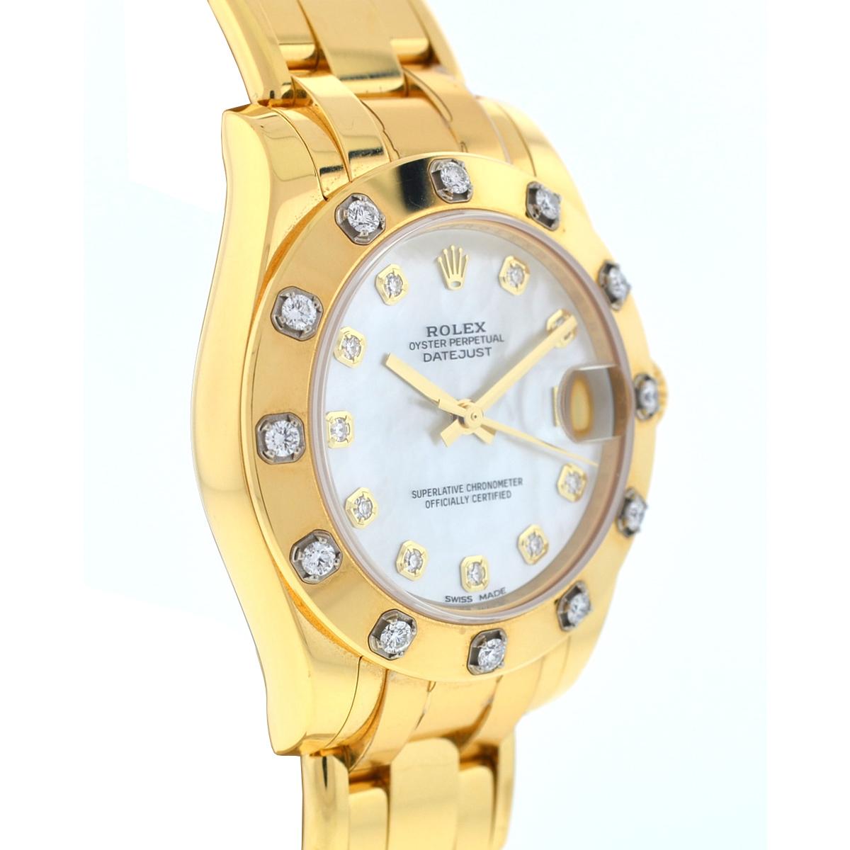 Rolex 81318 Masterpiece Pearlmaster 34 18k Yellow gold MOP Diamond Dial Watch In Excellent Condition In Boca Raton, FL