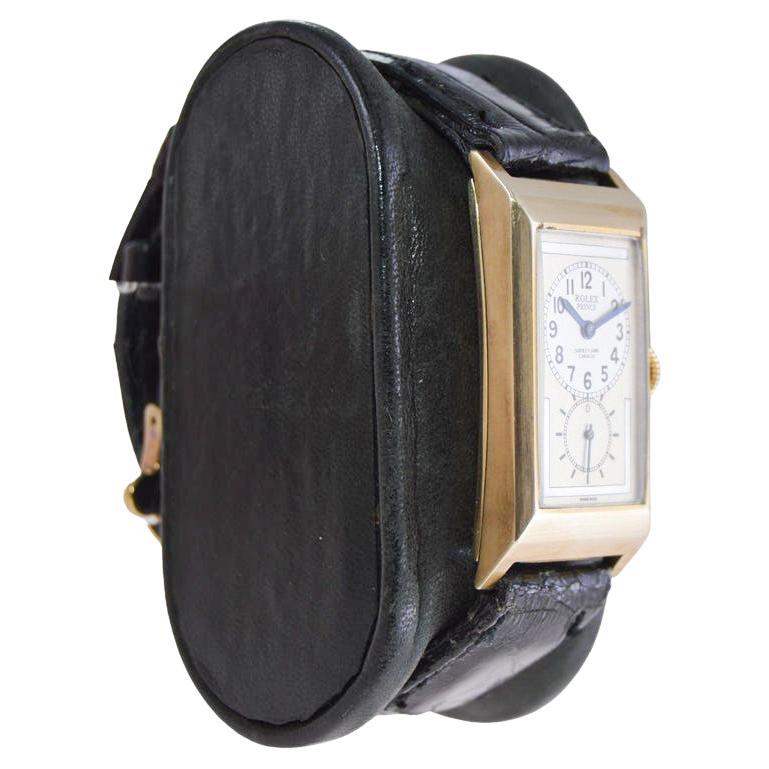 FABRIK / HAUS: Rolex Watch Company
STIL / REFERENZ: Prinz Modell 
METALL / MATERIAL: 9KT Gelbgold
CIRCA / JAHR: 1935 / 36
ABMESSUNGEN / GRÖSSE: Länge 40mm X Breite 20mm
UHRWERK: Handaufzug/ 15 Jewels /Kaliber 
ZIFFERBLATT / ZEIGER: Original