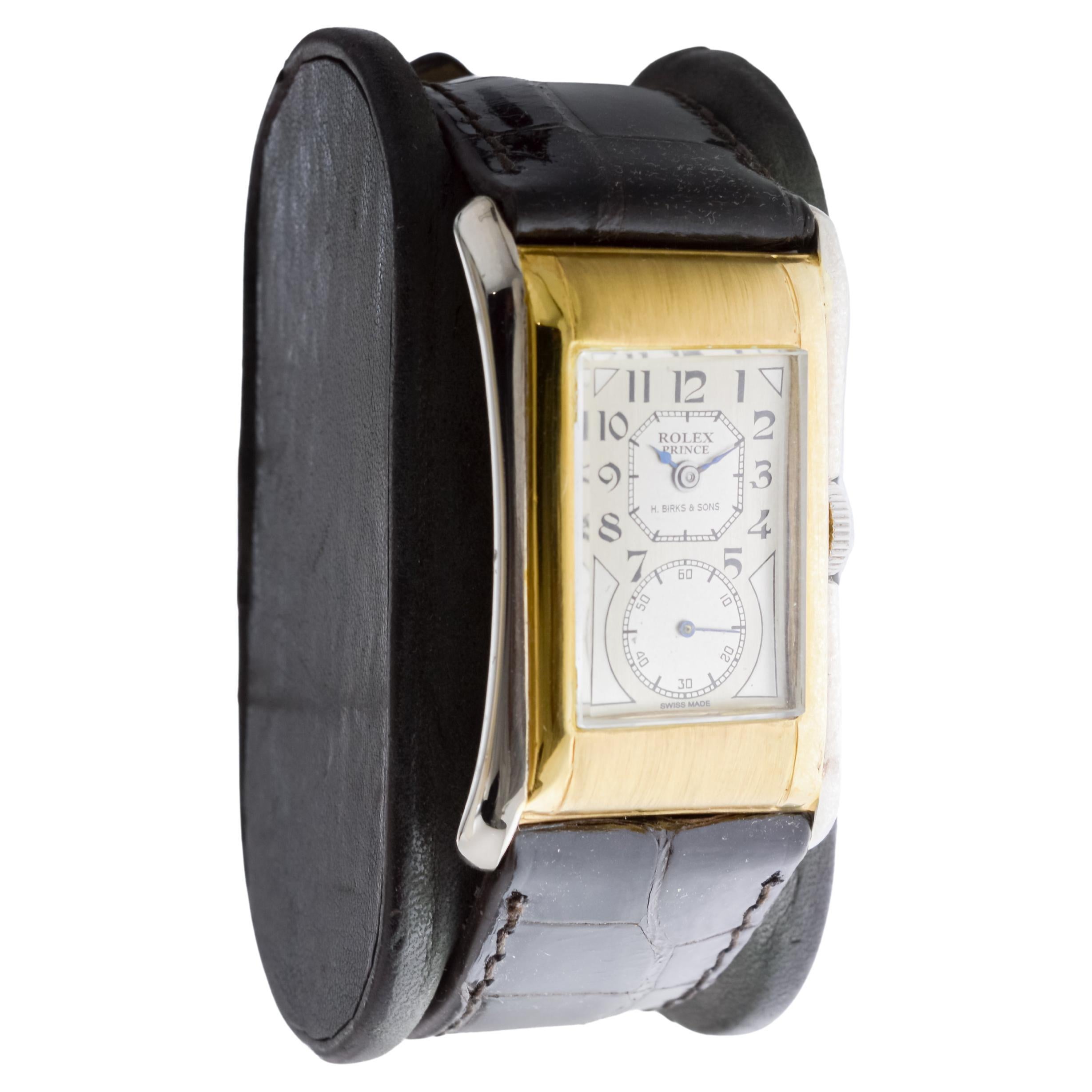 Art Deco Rolex 9Kt Solid Gold Two Tone Prince with Kiln Fired Enamel Printing 1938 For Sale