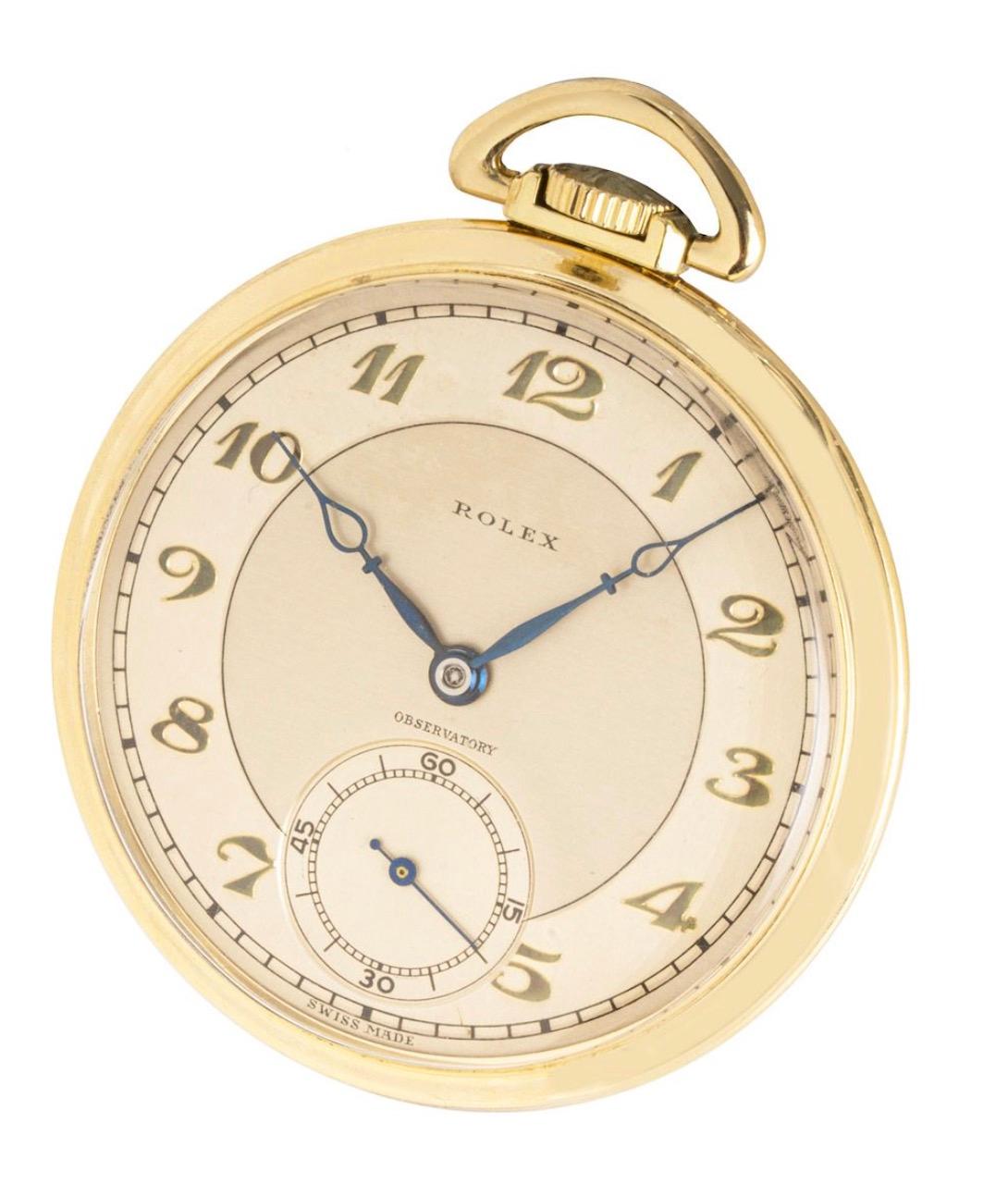 Rolex 43mm A 9ct Yellow Gold Keyless Lever Open Face Observatory Quality Pocket Watch C1930s with it's original Rolex box stating that Rolex received the Highest Honours ever awarded by London Paris and Genève Observatories.

Dial: The signed Rolex