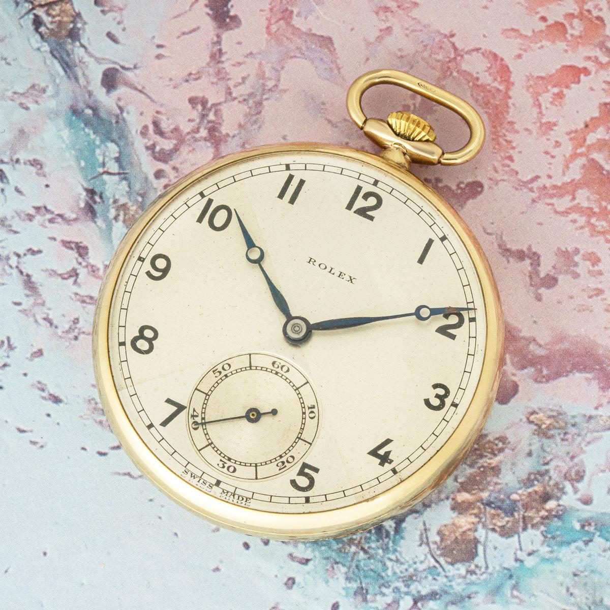 Rolex. Eine seltene Gold Fliege Zifferblatt offenes Gesicht Taschenuhr C1936 im Angebot 3