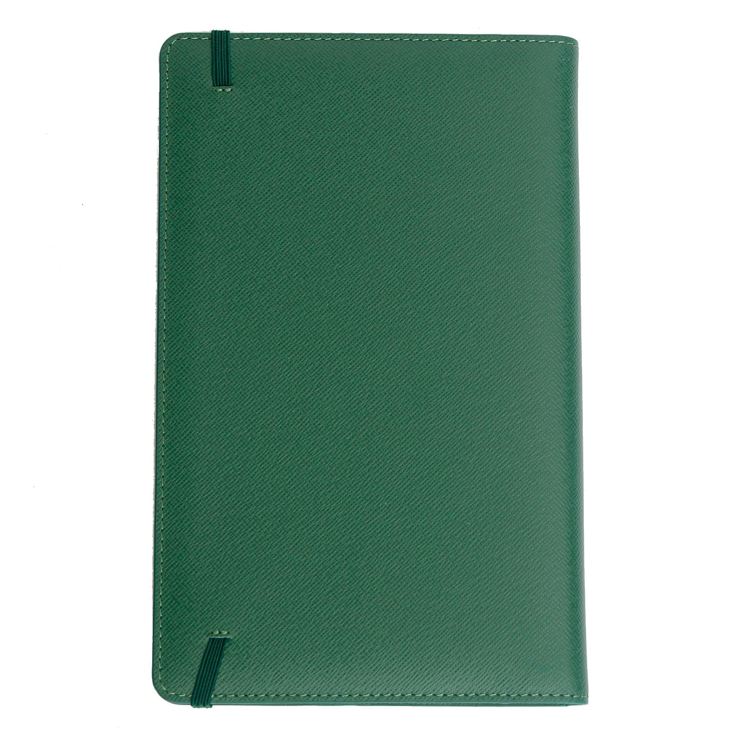Rolex Agenda with Green Leather Cover  - Green Saffiano leather Rolex agenda cover with tonal stitching throughout, 2 small slit pockets, embossed brand stamp at cover and elasticized closure at edge. Includes hardcover notebook insert.
Length 8.8