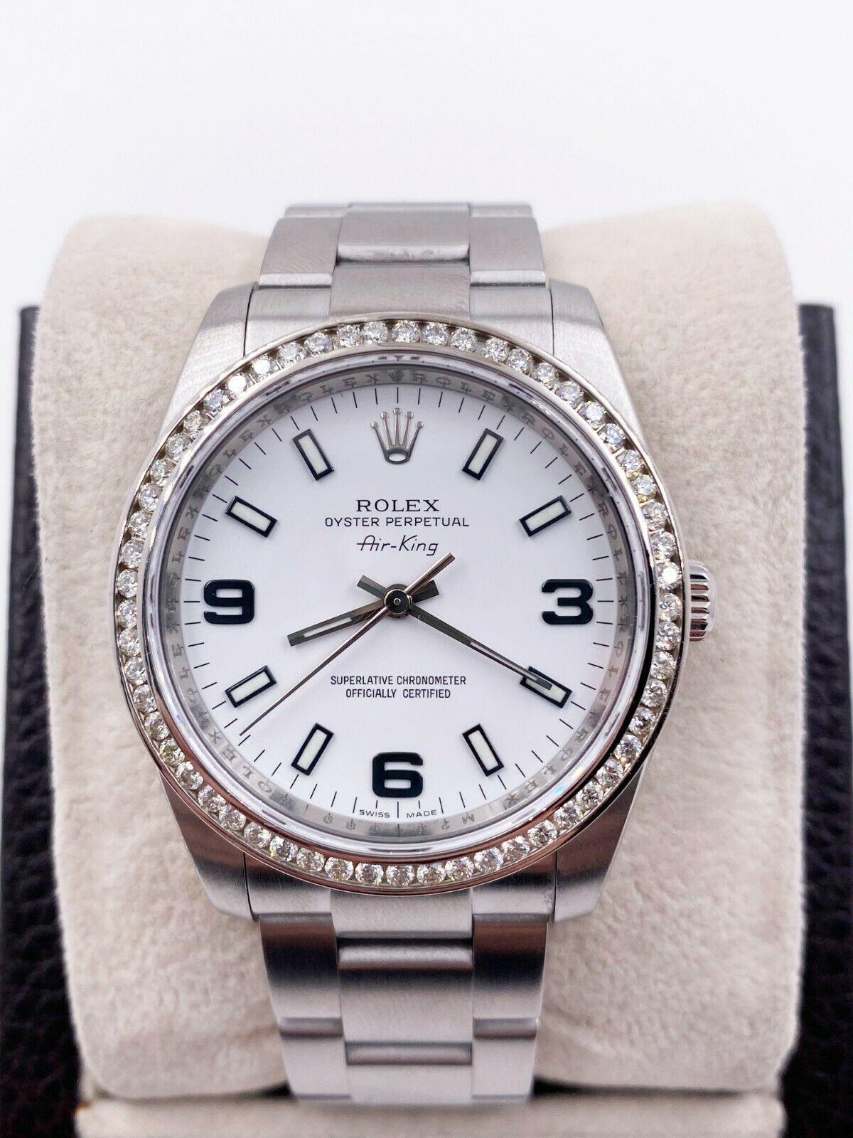 Style Number: 114200



Serial: M254***


Year: 2008

 

Model: Air King

 

Case Material: Stainless Steel

 

Band: Stainless Steel Oyster Band

 

Bezel: Custom Diamond Bezel 

 

Dial: White 

 

Face: Sapphire Crystal 

 

Case Size: 34mm

