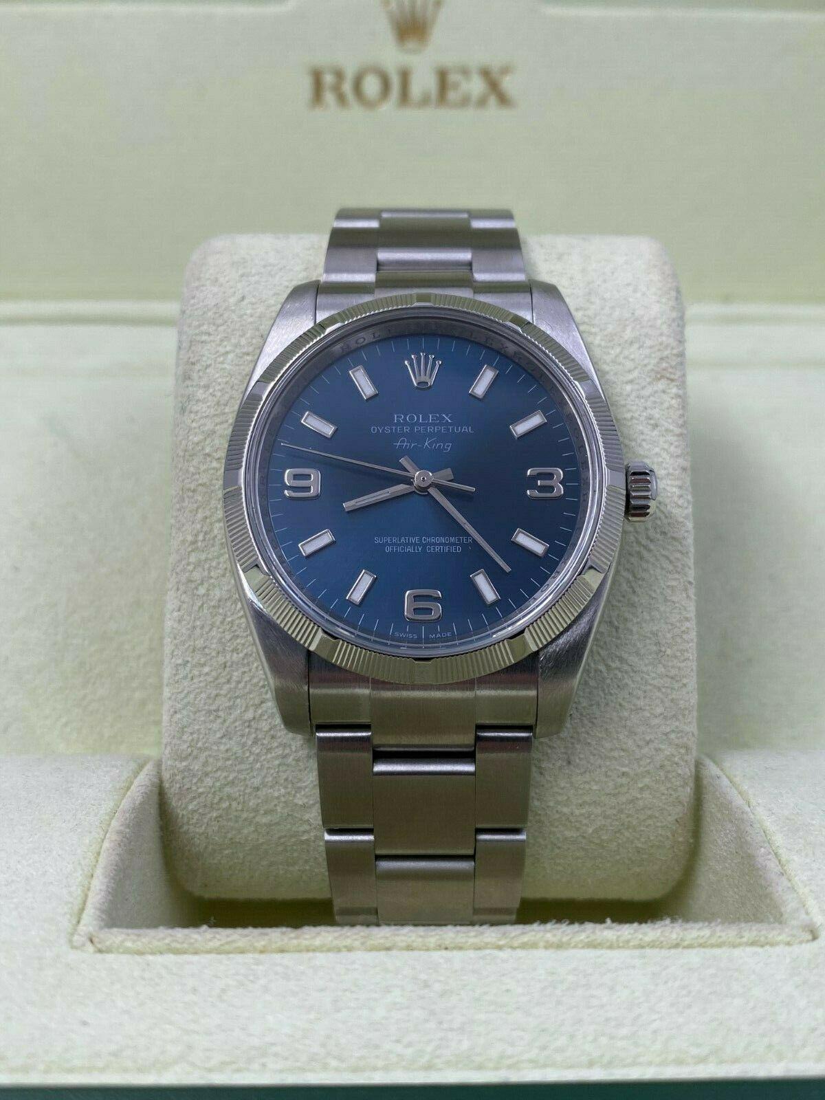 Style Number: 114210 

Serial: Z867***

Year: 2007 

Model: Air King 

Case Material: Stainless Steel 

Band: Stainless Steel 

Bezel:  Stainless Steel 

Dial: Blue 

Face: Sapphire Crystal 

Case Size: 34mm 

Includes: 
-Rolex Box &