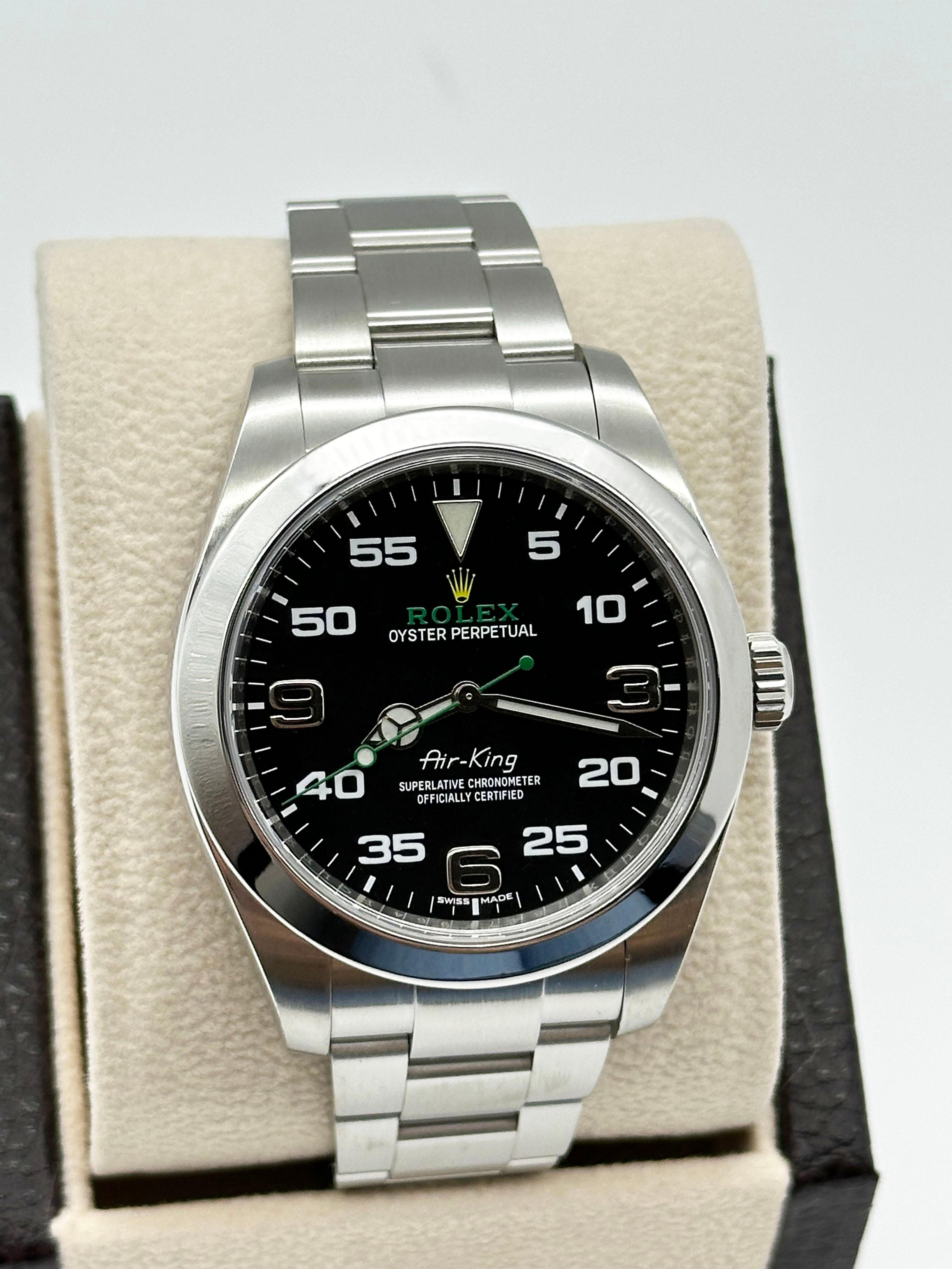 Style Number: 116900
Serial: 7847F***
Year: 2016 - 2022
Model: Air King
Case Material: Stainless Steel
Band: Stainless Steel
Bezel: Stainless Steel
Dial: Black
Face: Sapphire Crystal
Case Size: 40mm

 Includes: 
-Rolex Box
-Certified Appraisal 
-1