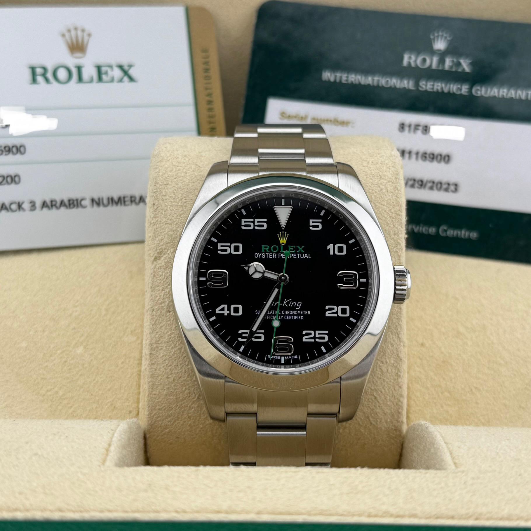 Rolex Air King 116900 40mm Black Dial Stainless Steel Box Paper Service Card Excellent état - En vente à San Diego, CA