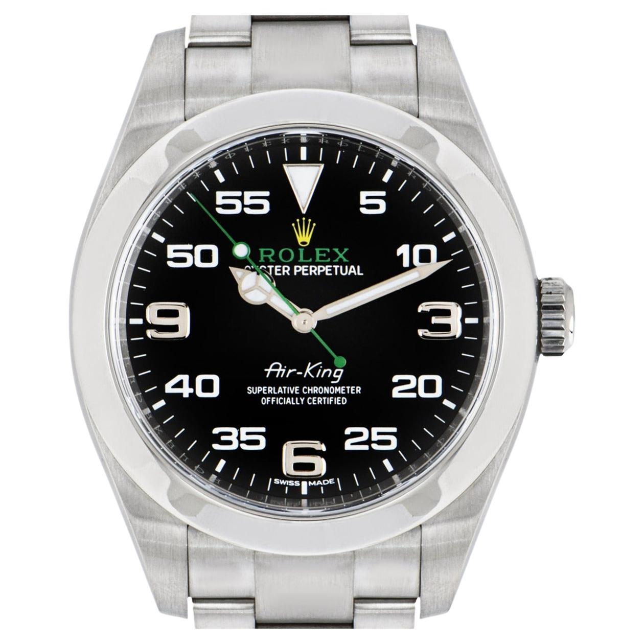 A mens 40mm Air-King in Oystersteel by Rolex. Featuring a black dial with a smooth fixed stainless steel bezel. The Oyster bracelet comes with a folding Oysterlock clasp which is equipped with the Easylink 5mm comfort extension link. Fitted with a