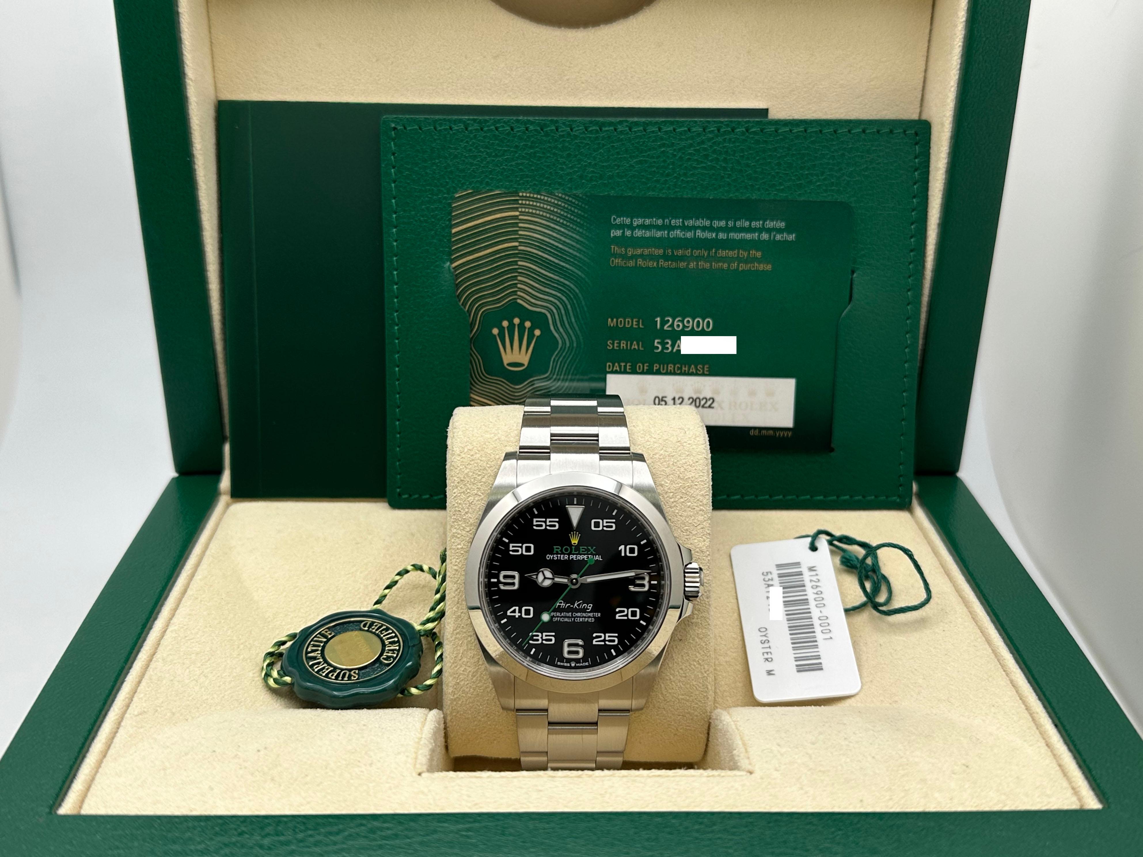 Style Number: 126900



Serial: 53AY2***



Year: 2022

 

Model: Rolex Air King

 

Case Material: Stainless Steel 

 

Band: Stainless Steel Oyster Band

  

Bezel: Stainless Steel Smooth Bezel 

  

Dial: Black Dial 

 

Face: Sapphire Crystal 

