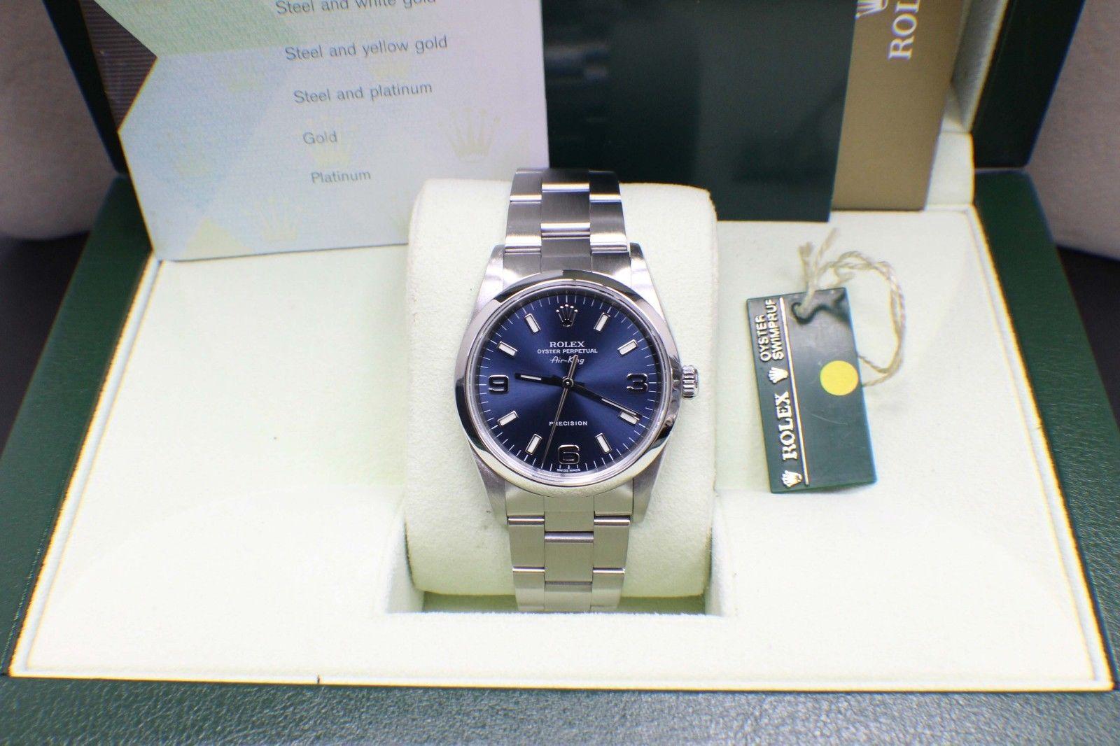 Style Number: 14000
Serial: Z419***
Year: 2007
Model: Air-King
Case Material: Stainless Steel
Band: Stainless Steel
Bezel: Stainless Steel
Dial: Blue
Face: Sapphire Crystal
Case Size: 34mm
Includes: 
-Rolex Box & Papers
-Certified Appraisal 
-6