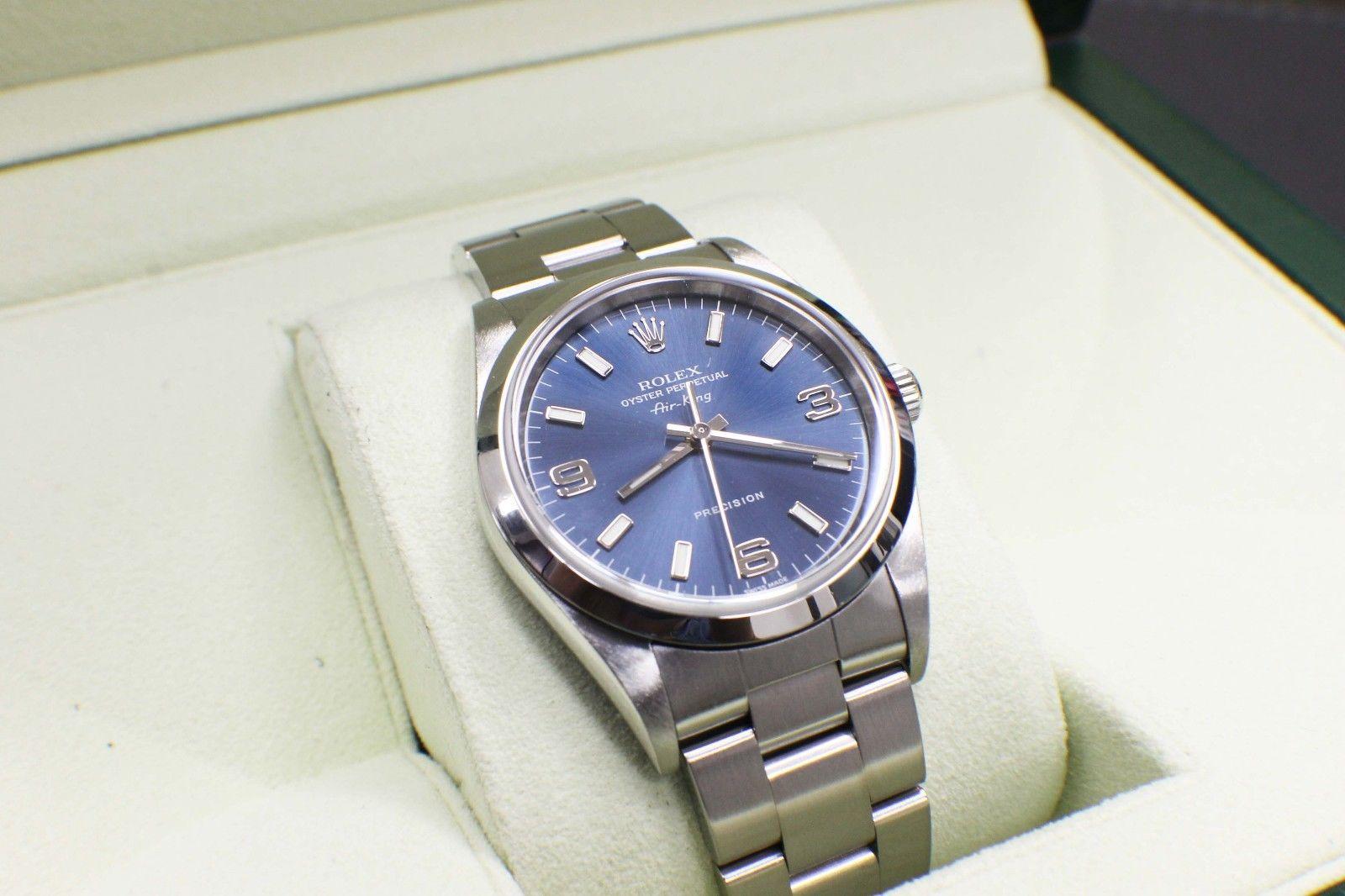 Rolex Air King 14000 Blue Dial Stainless Steel with Box and Papers In Excellent Condition In San Diego, CA