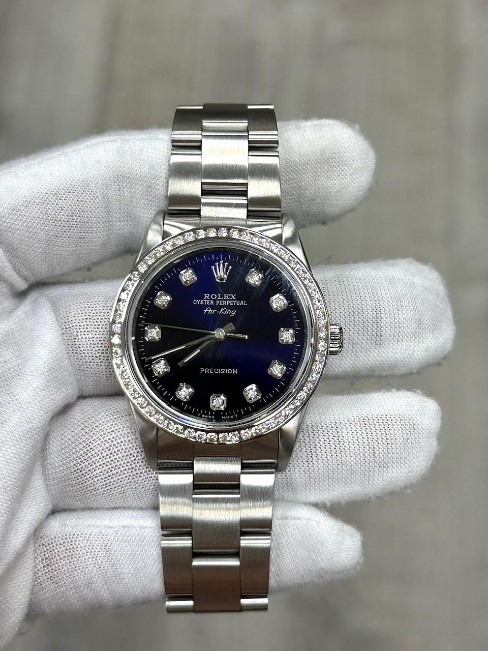 Rolex Air King 14000 Quadrante blu con diamanti Lunetta con diamanti Acciaio inossidabile 34 mm In condizioni ottime in vendita a San Diego, CA