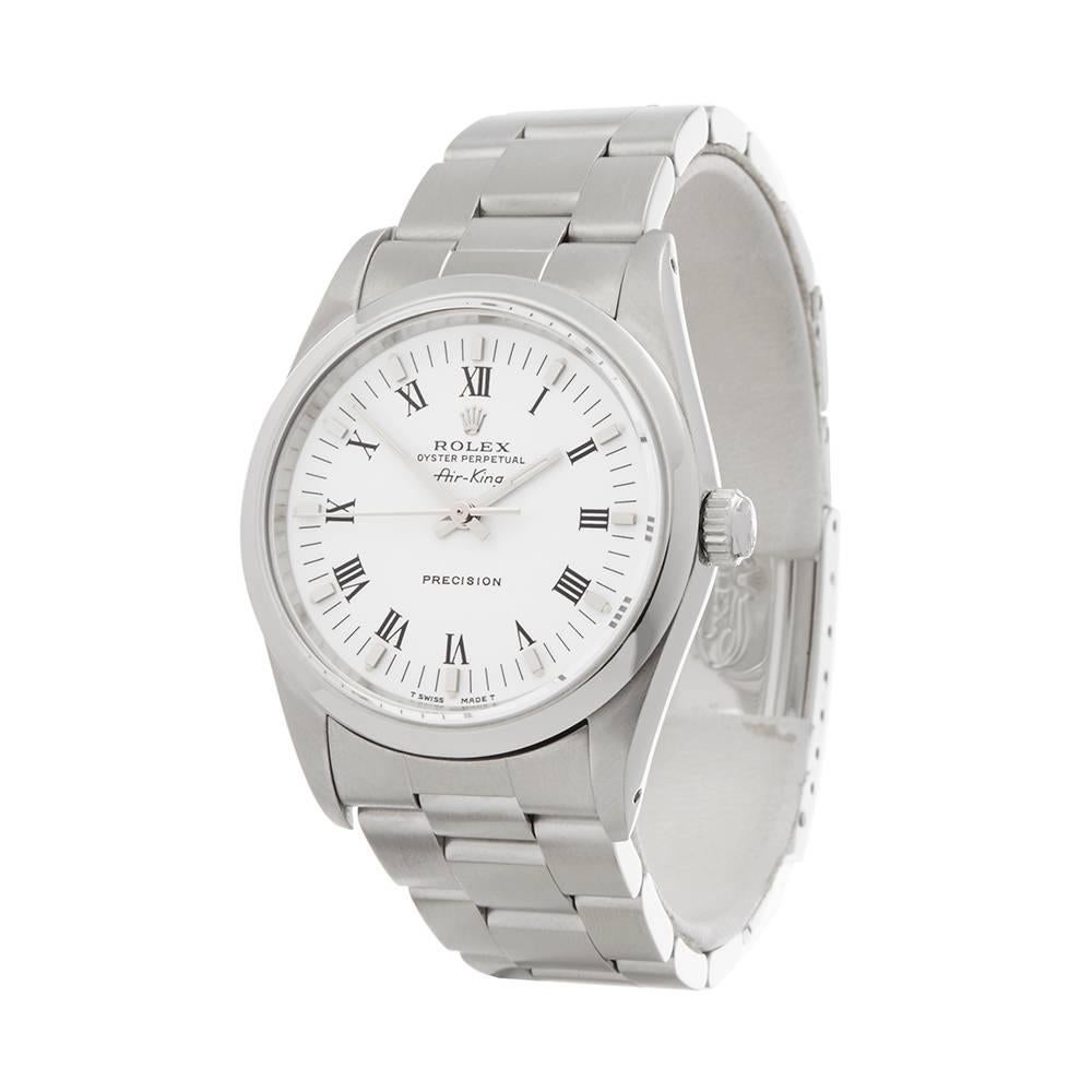 Ref: W4922
Manufacturer: Rolex
Model: Air King
Model Ref: 14000
Age: 
Gender: Unisex
Complete With: Xupes Presentation Box
Dial: White Roman 
Glass: Sapphire Crystal
Movement: Automatic
Water Resistance: Not Recommended for Use in Water
Case: