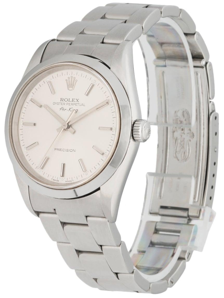 Rolex Air-King 14000 Men's Watch. 34mm Stainless Steel case. Stainless Steel smooth bezel. Silver dial with steel hands and index hour markers. Minute markers on the outer dial. Stainless Steel Bracelet with Fold Over Clasp. Will fit up to a 7-inch