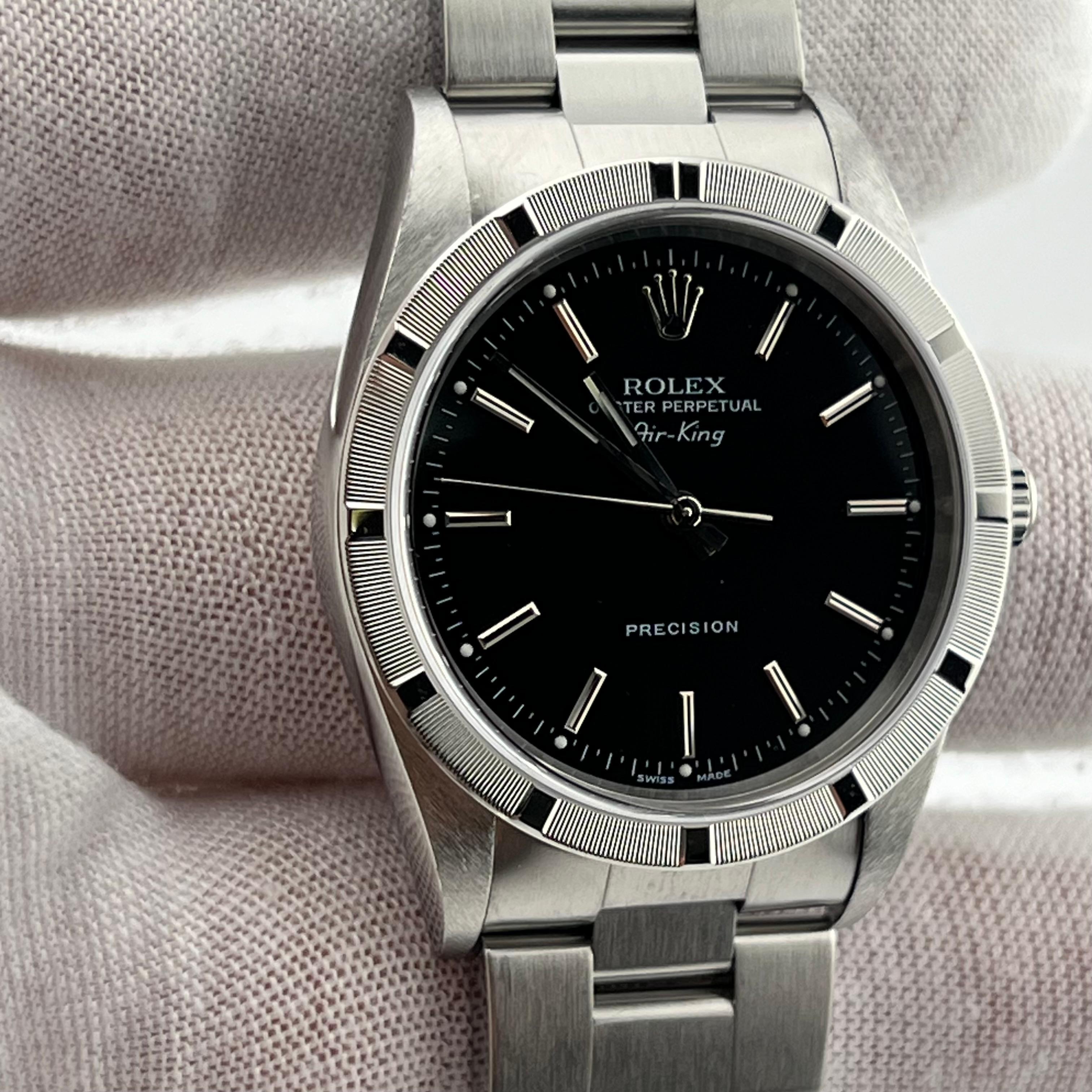 Style Number: 14010



Serial: P554***



Year: 2001

 

Model: Rolex Air King 

 

Case Material: Stainless Steel 

 

Band: Stainless Steel 

  

Bezel: Stainless Steel 

  

Dial: Black Dial 

 

Face: Sapphire Crystal

 

Case Size: 34mm

