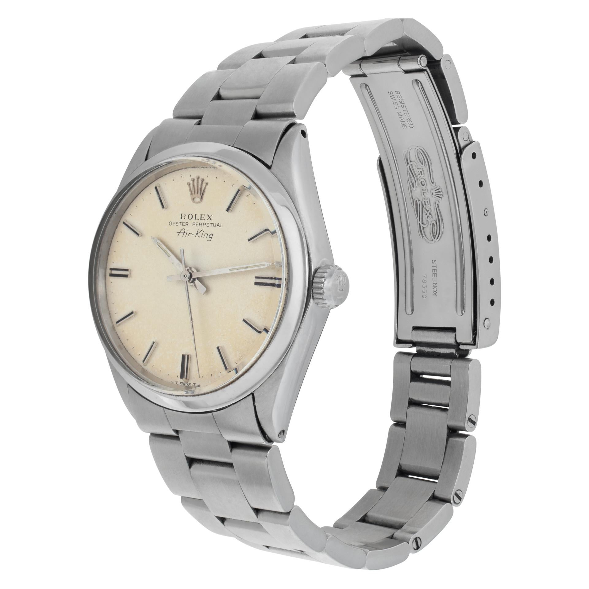 Vintage Rolex Air King in stainless steel with silver patina stick dial. Auto w/ sweep seconds. 33 mm case size. **Bank wire only at this price** Ref 5500. Circa 1970s. Fine Pre-owned Rolex Watch.

 Certified preowned Classic Rolex Air King 5500