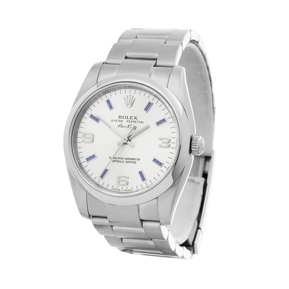 Ref: W4941
Manufacturer: Rolex
Model: Air King
Model Ref: 114200
Age: 21st March 2011
Gender: Unisex
Complete With: Xupes Presentation Box & Guarantee 
Dial: Silver Arabic
Glass: Sapphire Crystal
Movement: Automatic
Water Resistance: To