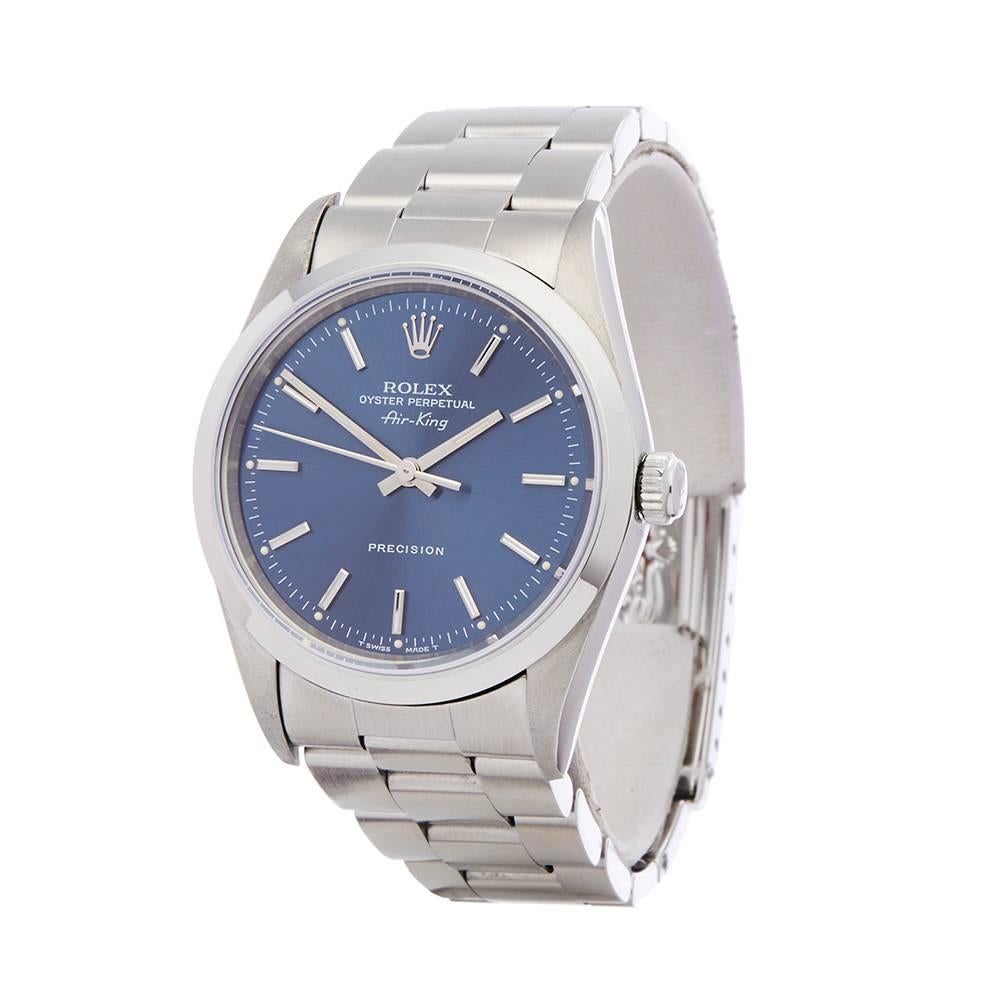 Ref: W4942
Manufacturer: Rolex
Model: Air King
Model Ref: 14000
Age: 1st August 1997
Gender: Unisex
Complete With: Box & Guarantee
Dial: Blue Baton
Glass: Sapphire Crystal
Movement: Automatic
Water Resistance: To Manufacturers Specifications
Case: