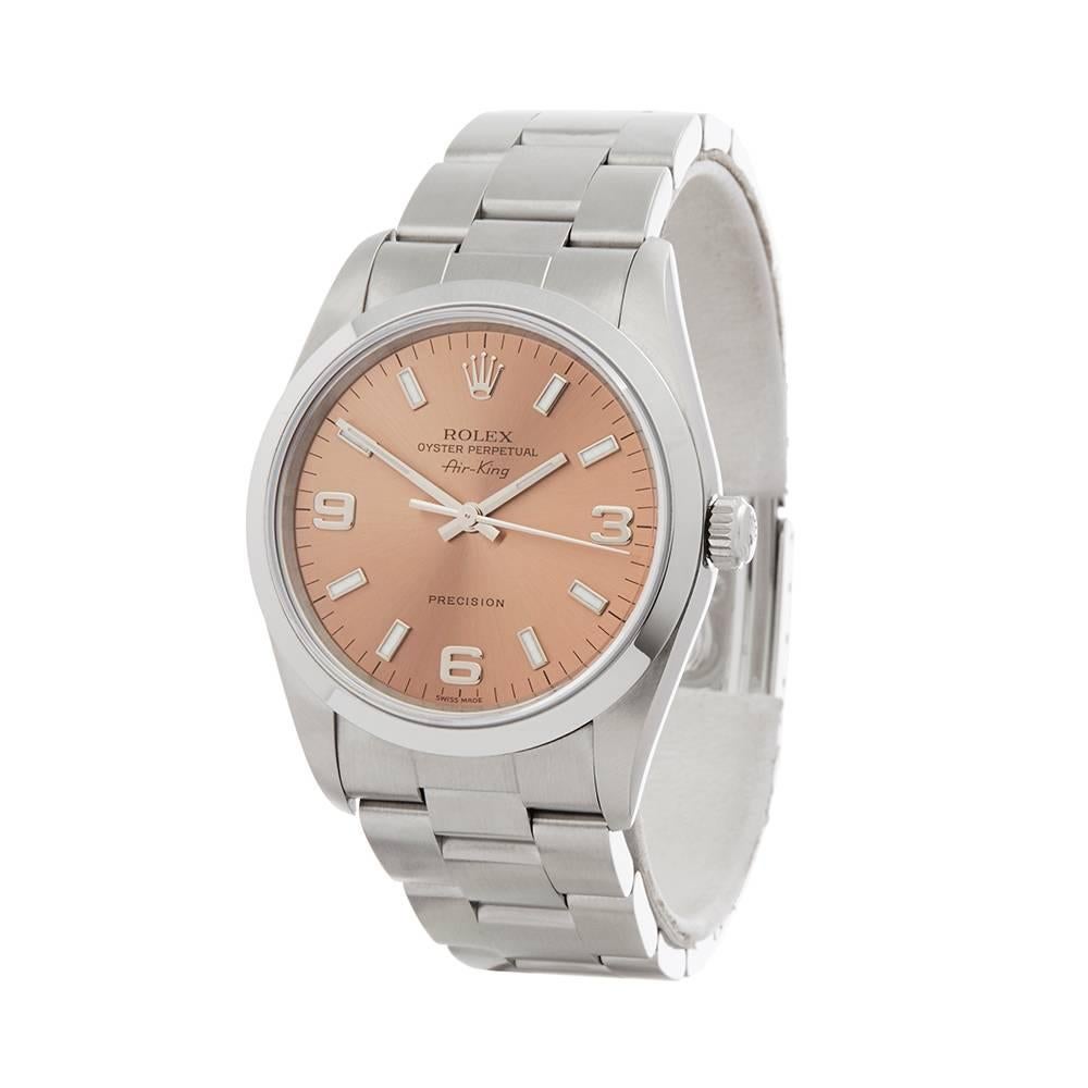 Ref: W4939
Manufacturer: Rolex
Model: Air King
Model Ref: 14000
Age: 1st November 2000
Gender: Unisex
Complete With: Box & Guarantee
Dial: Pink Copper Arabic
Glass: Sapphire Crystal
Movement: Automatic
Water Resistance: To Manufacturers