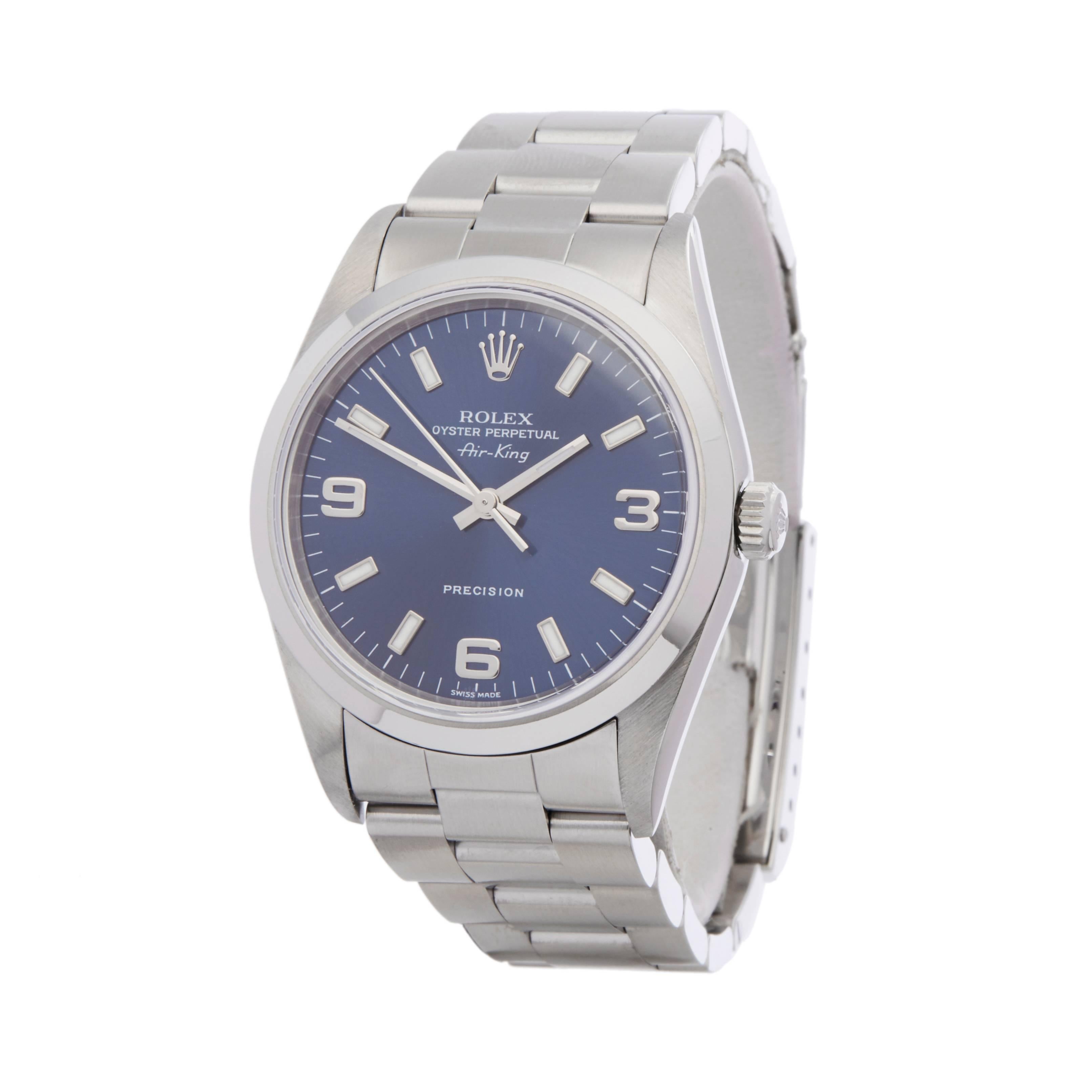 Ref: W4940
Manufacturer: Rolex
Model: Air King
Model Ref: 14000M
Age: 7th June 2002
Gender: Unisex
Complete With: Box & Guarantee
Dial: Blue Arabic
Glass: Sapphire Crystal
Movement: Automatic
Water Resistance: To Manufacturers Specifications
Case: