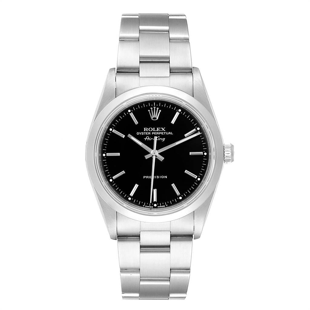 Rolex Air King 34 Black Dial Automatic Steel Mens Watch 14000. Automatic self-winding movement. Stainless steel case 34 mm in diameter. Rolex logo on a crown. Stainless steel smooth domed bezel. Scratch resistant sapphire crystal. Black dial with