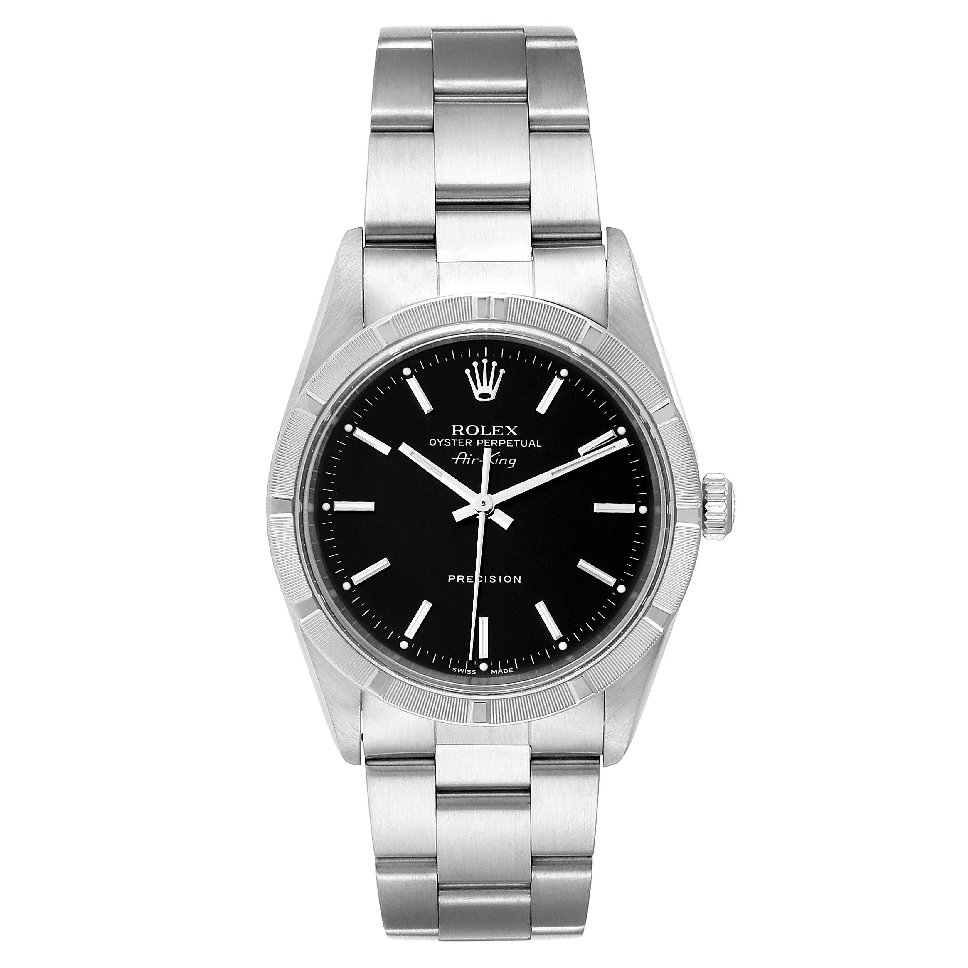 Rolex Air King 34 Black Dial Oyster Bracelet Steeel Mens Watch 14010. Automatic self-winding movement. Stainless steel case 34.0 mm in diameter. Rolex logo on a crown. Stainless steel engine turned bezel. Scratch resistant sapphire crystal. Black