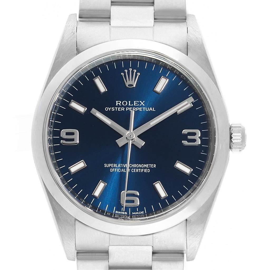 Rolex Air King 34 Blue Dial Domed Bezel Mens Watch 114200. Officially certified chronometer automatic self-winding movement. Stainless steel case 34.0 mm in diameter.Rolex logo on a crown. Stainless steel smooth domed bezel. Scratch resistant