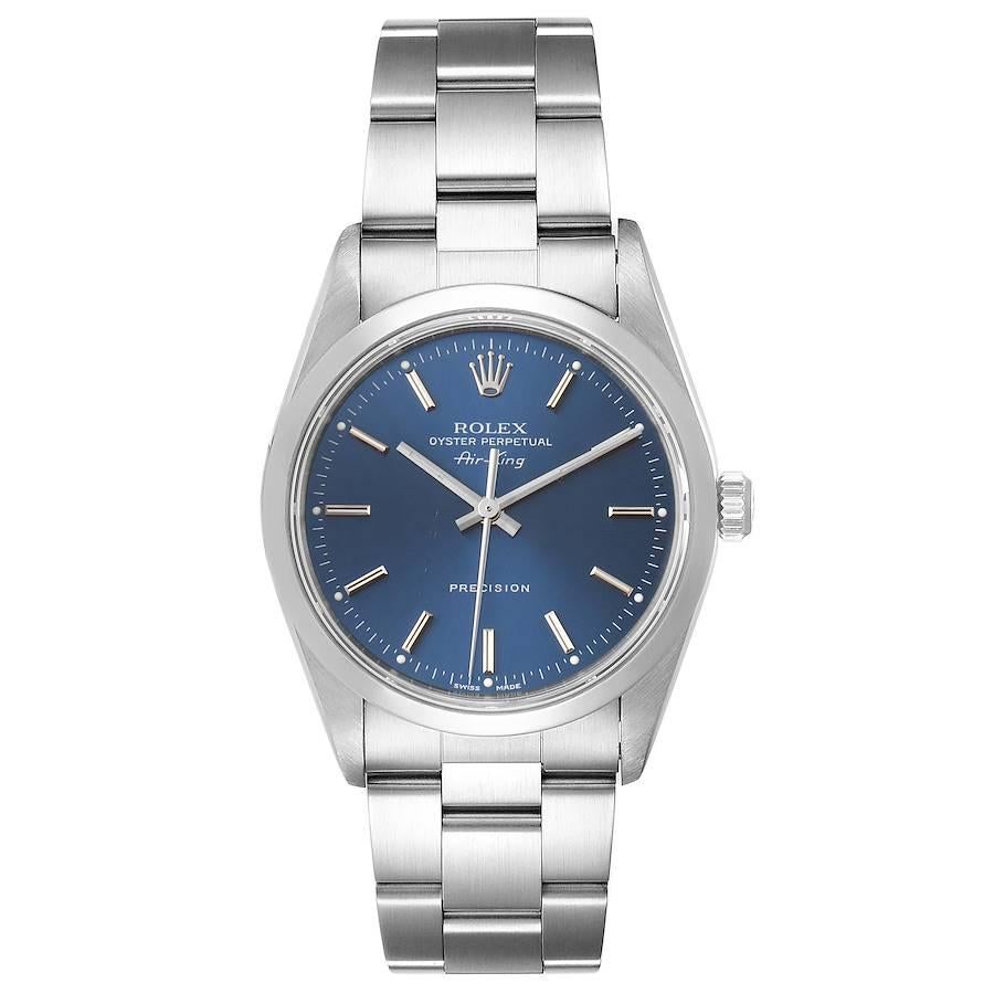 Rolex Air King 34 Blue Dial Domed Bezel Steel Mens Watch 14000. Automatic self-winding movement. Stainless steel case 34 mm in diameter. Rolex logo on a crown. Stainless steel smooth domed bezel. Scratch resistant sapphire crystal. Blue dial with