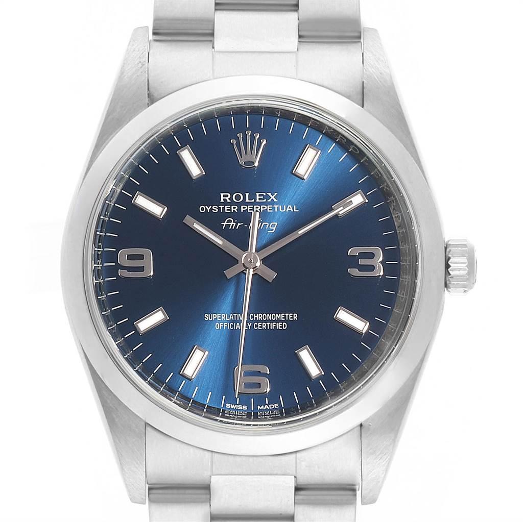 Rolex Air King 34 Blue Dial Domed Bezel Unisex Watch 114200. Officially certified chronometer automatic self-winding movement. Stainless steel case 34.0 mm in diameter.Rolex logo on a crown. Stainless steel smooth domed bezel. Scratch resistant