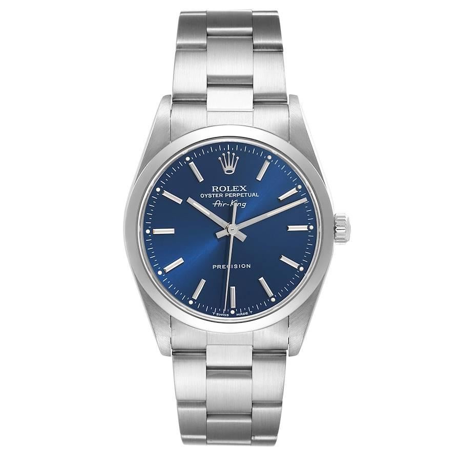 Rolex Air King 34 Blue Dial Smooth Bezel Steel Mens Watch 14000. Automatic self-winding movement. Stainless steel case 34 mm in diameter. Rolex logo on the crown. Stainless steel smooth domed bezel. Scratch resistant sapphire crystal. Blue dial with