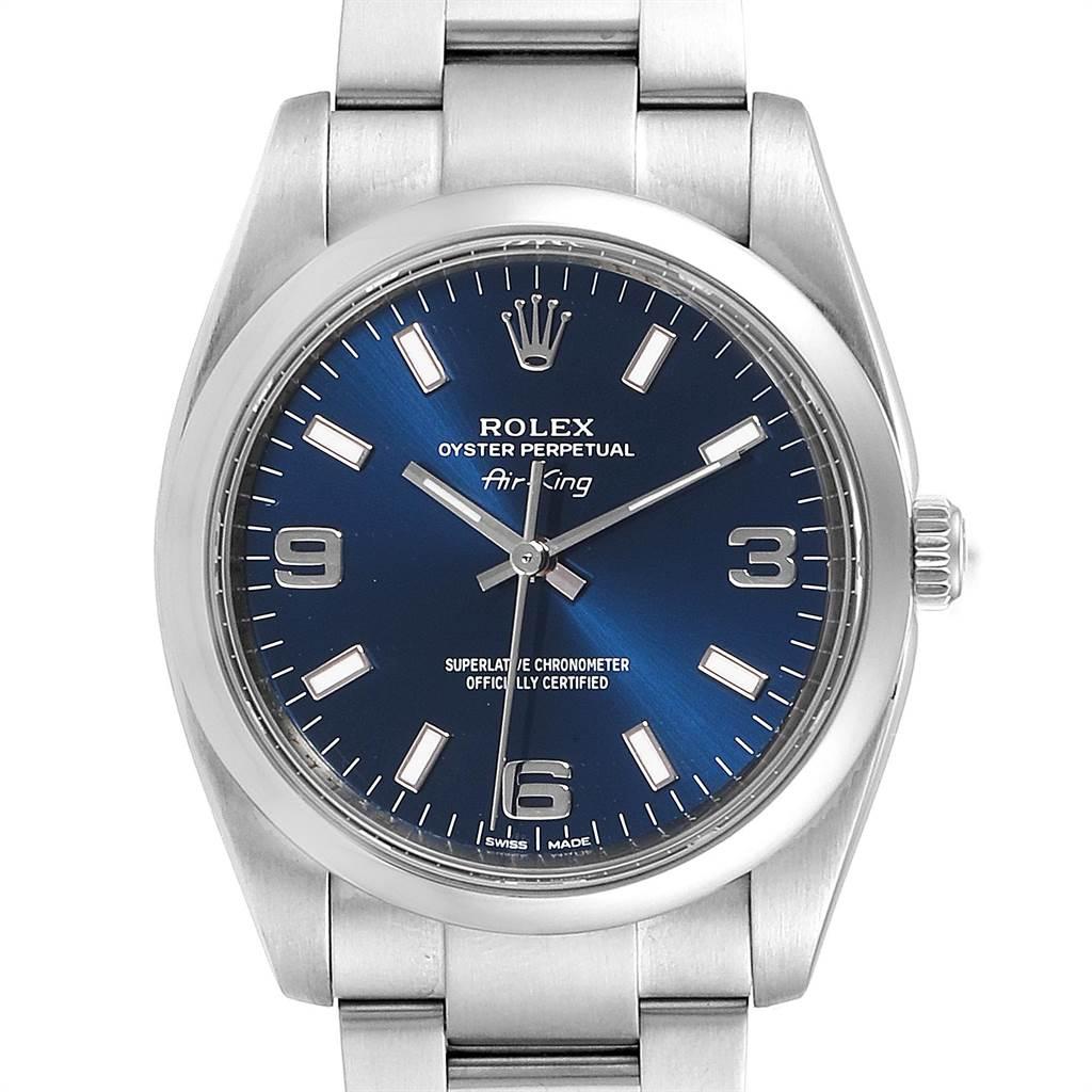 Rolex Air King 34 Blue Dial Smooth Bezel Unisex Watch 114200. Officially certified chronometer self-winding movement. Stainless steel case 34.0 mm in diameter.Rolex logo on a crown. Stainless steel smooth domed bezel. Scratch resistant sapphire