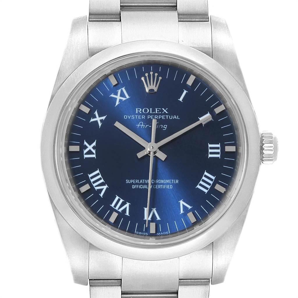 Rolex Air King 34 Blue Roman Dial Automatic Steel Mens Watch 114200. Officially certified chronometer self-winding movement. Stainless steel case 34.0 mm in diameter. Rolex logo on a crown. Stainless steel smooth domed bezel. Scratch resistant