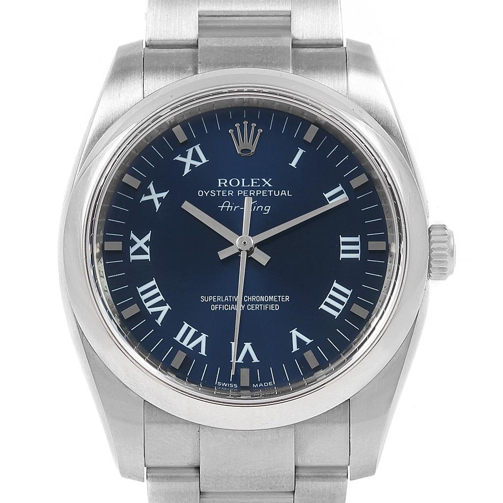 Rolex Air King 34 Blue Roman Dial Domed Bezel Mens Watch 114200. Officially certified chronometer self-winding movement. Stainless steel case 34.0 mm in diameter. Rolex logo on a crown. Stainless steel smooth domed bezel. Scratch resistant sapphire