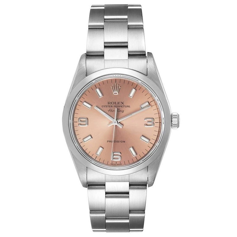 Rolex Air King 34 Salmon Baton Dial Domed Bezel Steel Mens Watch 14000 For  Sale at 1stDibs