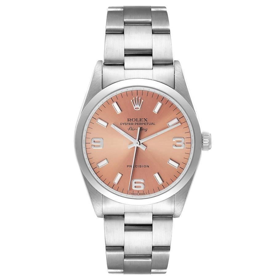 Rolex Air King 34 Salmon Baton Dial Domed Bezel Steel Watch 14000. Automatic self-winding movement. Stainless steel case 34 mm in diameter. Rolex logo on a crown. Stainless steel smooth domed bezel. Scratch resistant sapphire crystal. Salmon dial