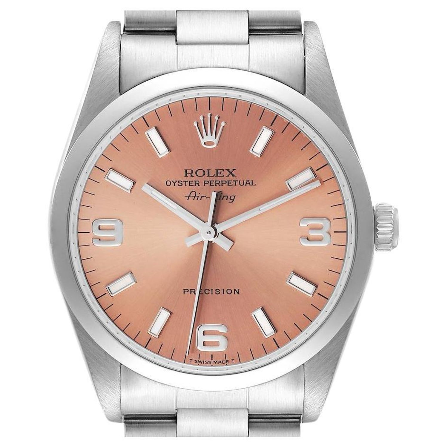 Rolex Air King 34 Salmon Baton Dial Domed Bezel Steel Watch 14000 For Sale  at 1stDibs