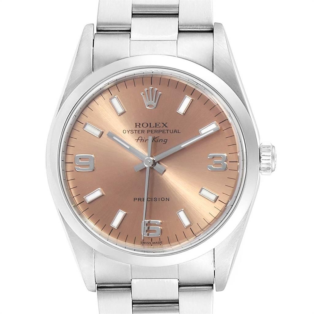 Rolex Air King 34 Salmon Dial Domed Bezel Steel Unisex Watch 14000. Automatic self-winding movement. Stainless steel case 34 mm in diameter. Rolex logo on a crown. Stainless steel smooth domed bezel. Scratch resistant sapphire crystal. Salmon dial