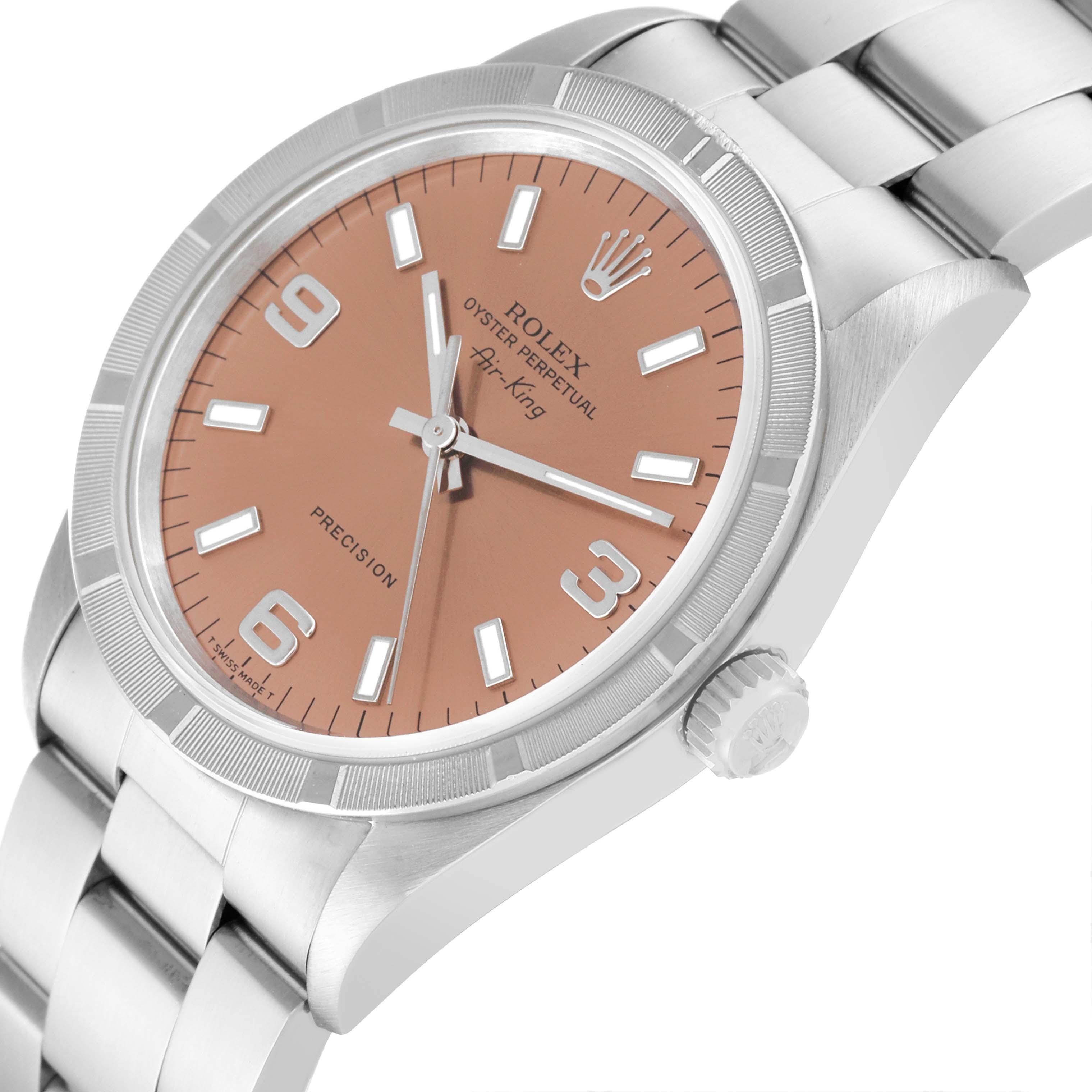 Rolex Air King 34 Salmon Dial Engine Turned Bezel Steel Mens Watch 14010 In Excellent Condition For Sale In Atlanta, GA