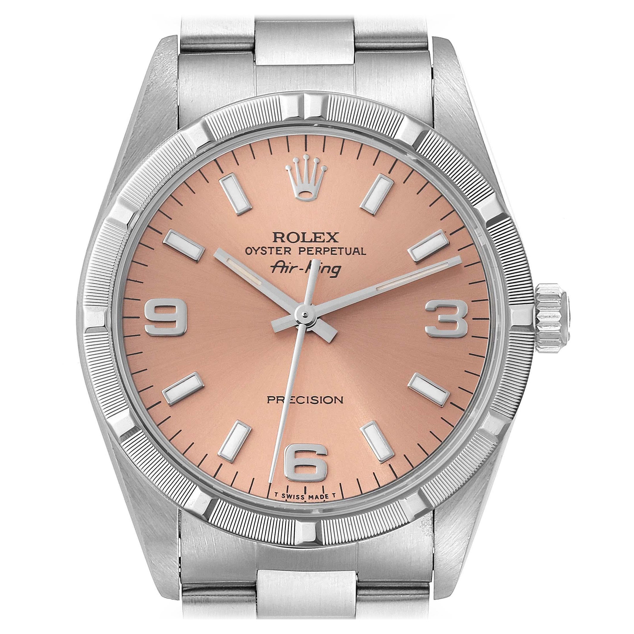 Rolex Air King 34 Salmon Dial Engine Turned Bezel Steel Mens Watch 14010