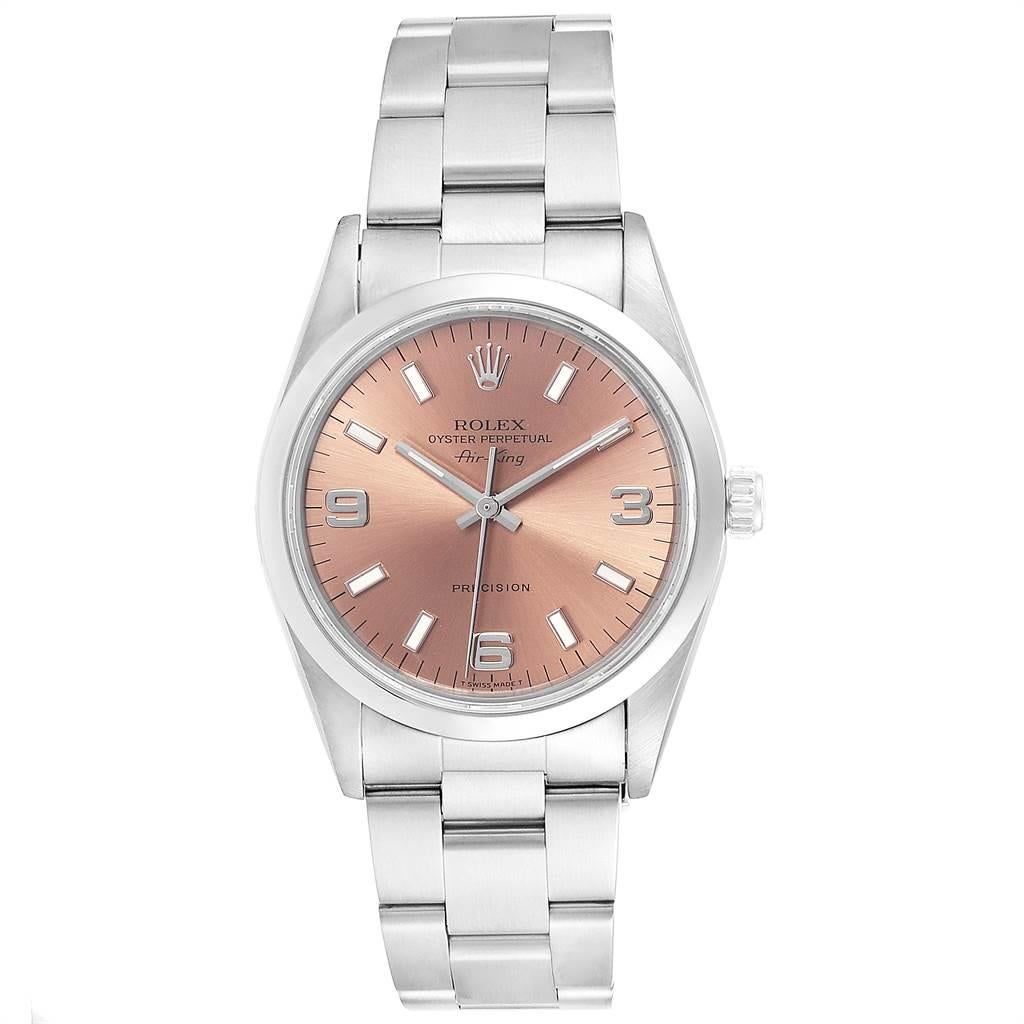 Rolex Air King 34 Salmon Dial Oyster BraceletSteel Unisex Watch 14000. Automatic self-winding movement. Stainless steel case 34 mm in diameter. Rolex logo on a crown. Stainless steel smooth domed bezel. Scratch resistant sapphire crystal. Salmon